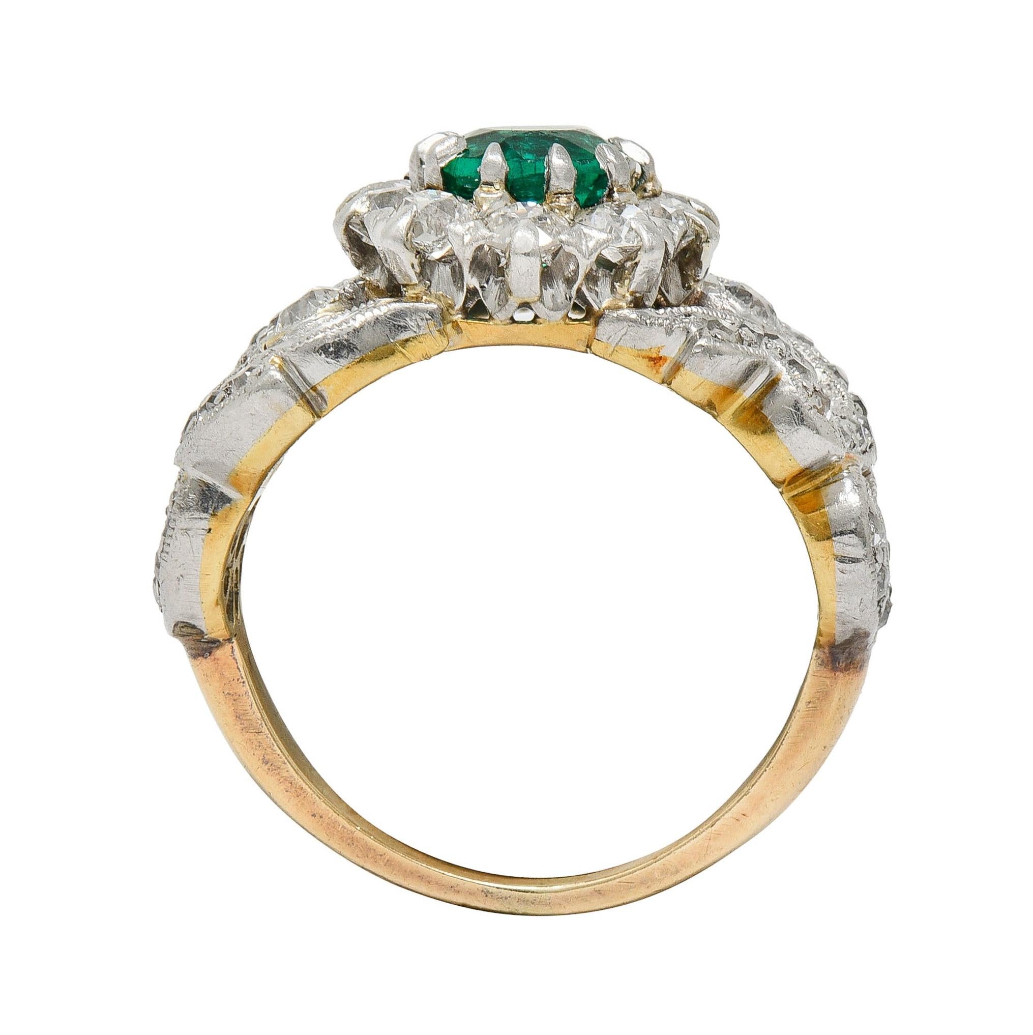 Edwardian 1.85 CTW Emerald Diamond Platinum 14 Karat Gold Antique Halo Ring