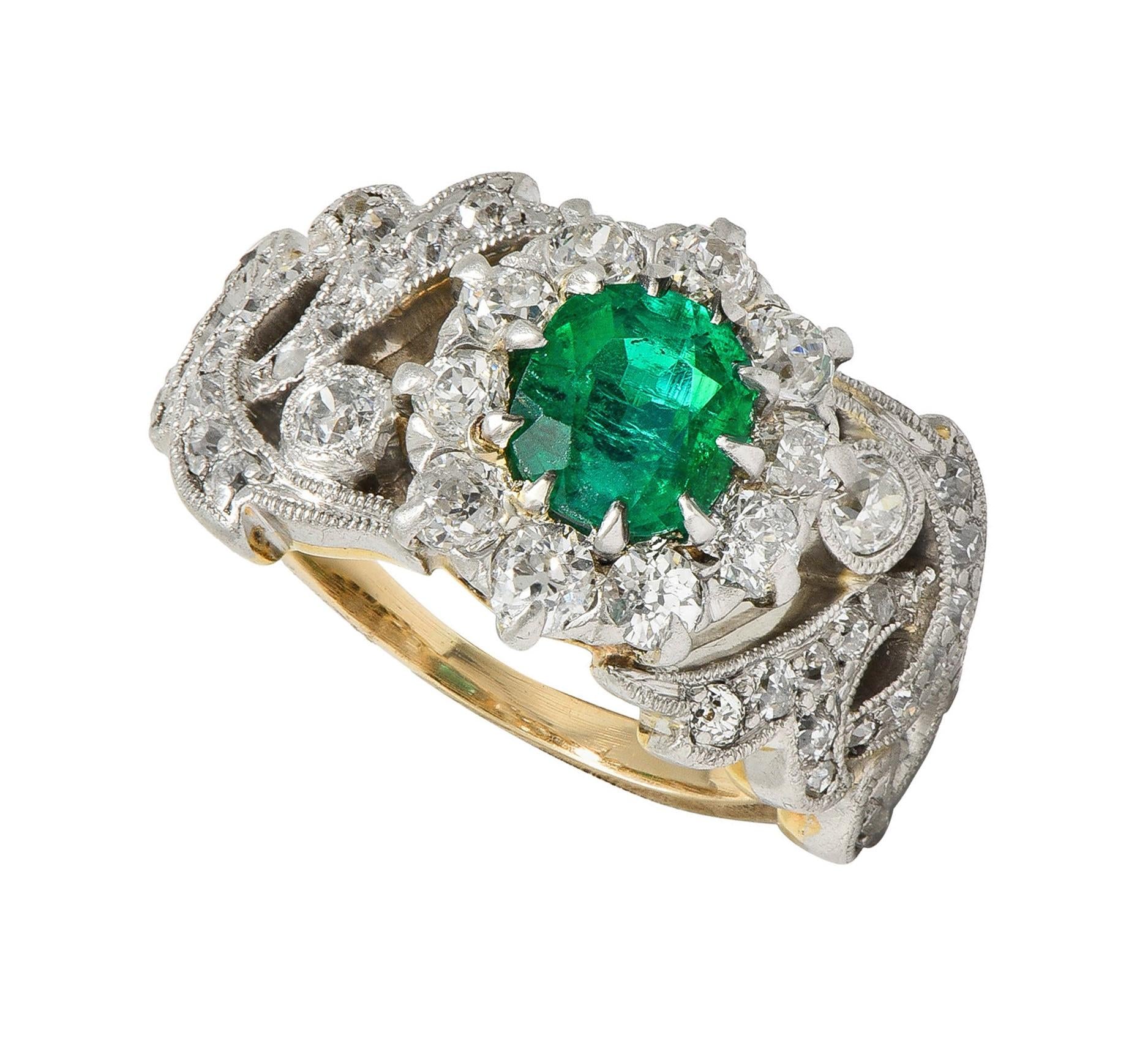 Edwardian 1.85 CTW Emerald Diamond Platinum 14 Karat Gold Antique Halo Ring