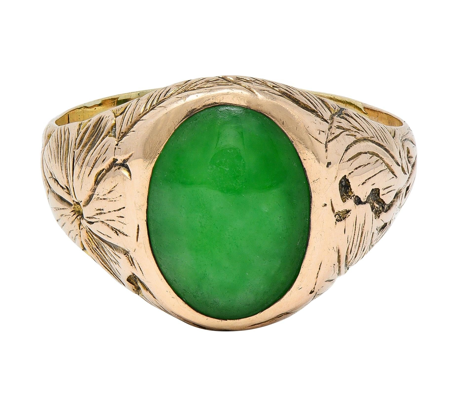 Radke & Co. Art Nouveau Jade 14 Karat Yellow Gold Antique Unisex Signet Ring