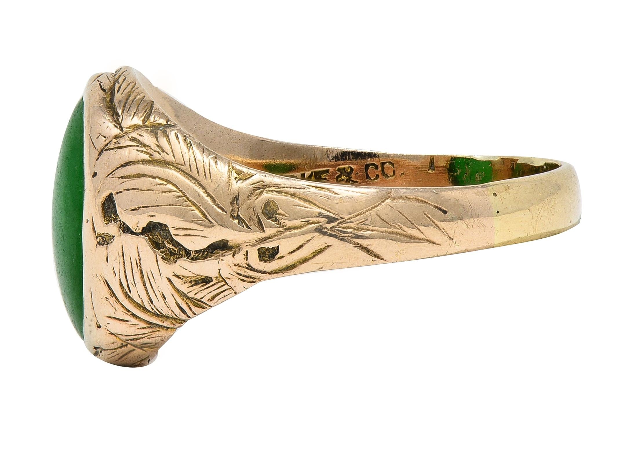 Radke & Co. Art Nouveau Jade 14 Karat Yellow Gold Antique Unisex Signet Ring