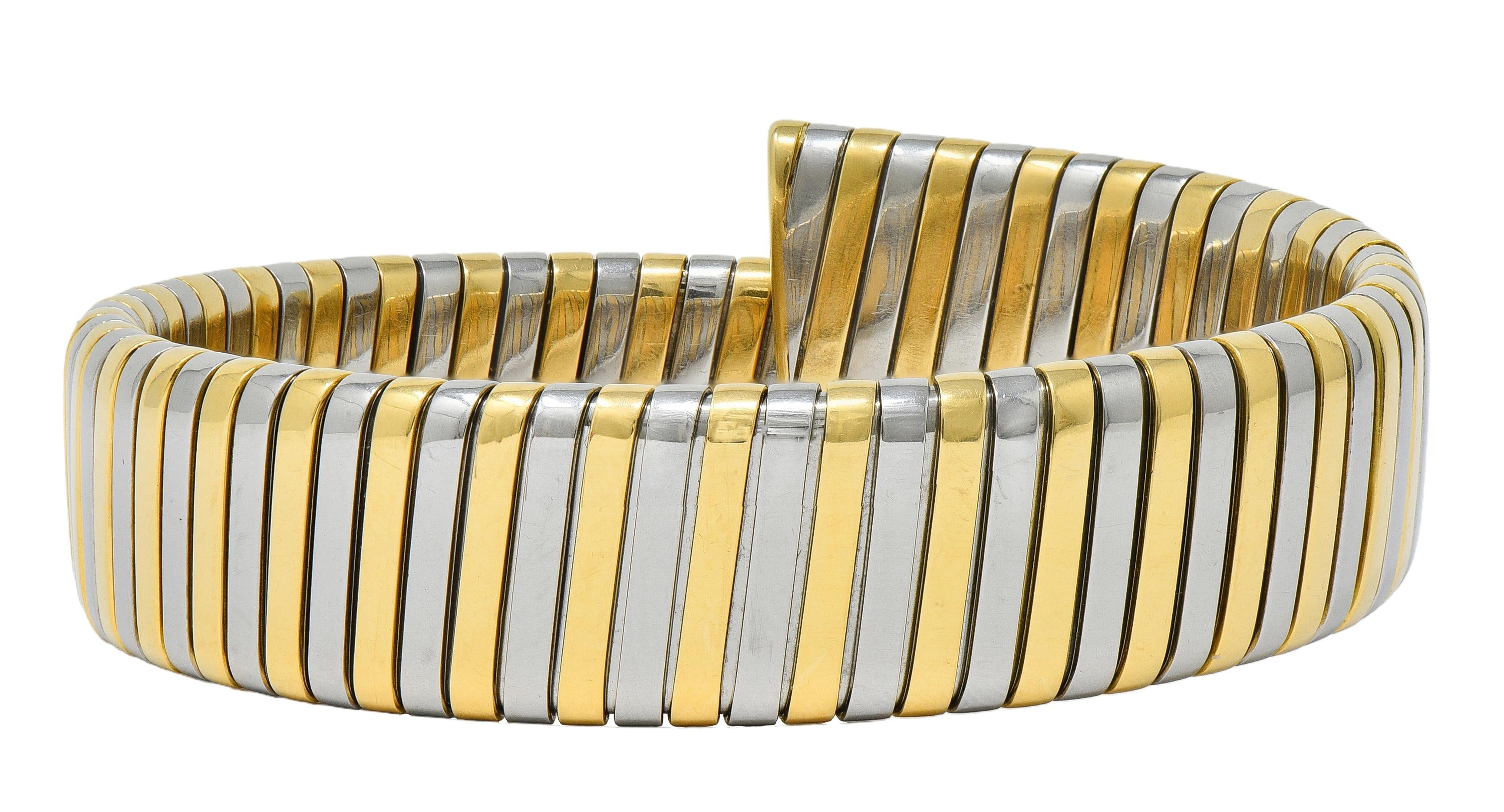 Bulgari 1990's 18K Yellow Gold Stainless Steel Tubogas Vintage Cuff Bracelet