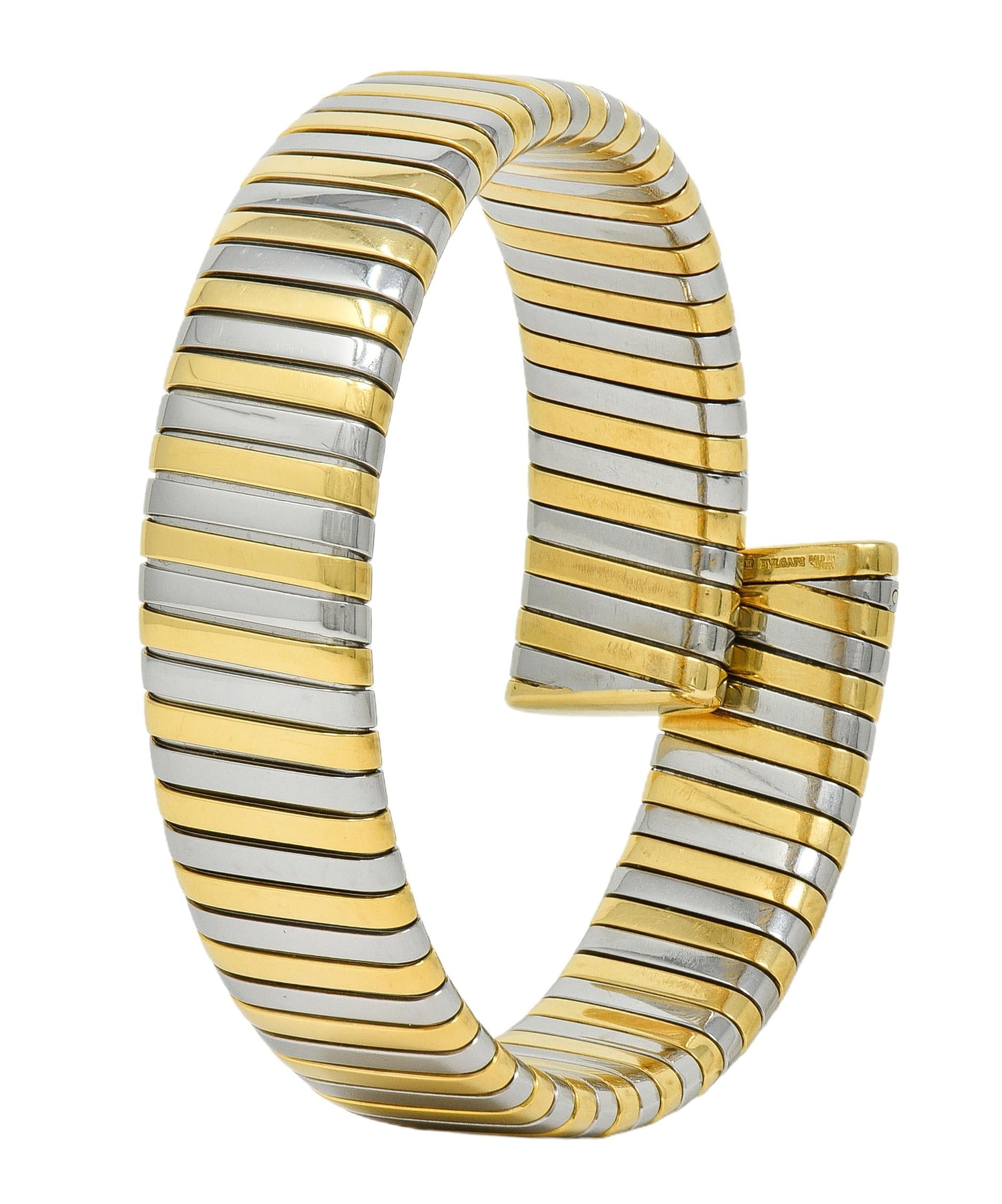 Bulgari 1990's 18K Yellow Gold Stainless Steel Tubogas Vintage Cuff Bracelet