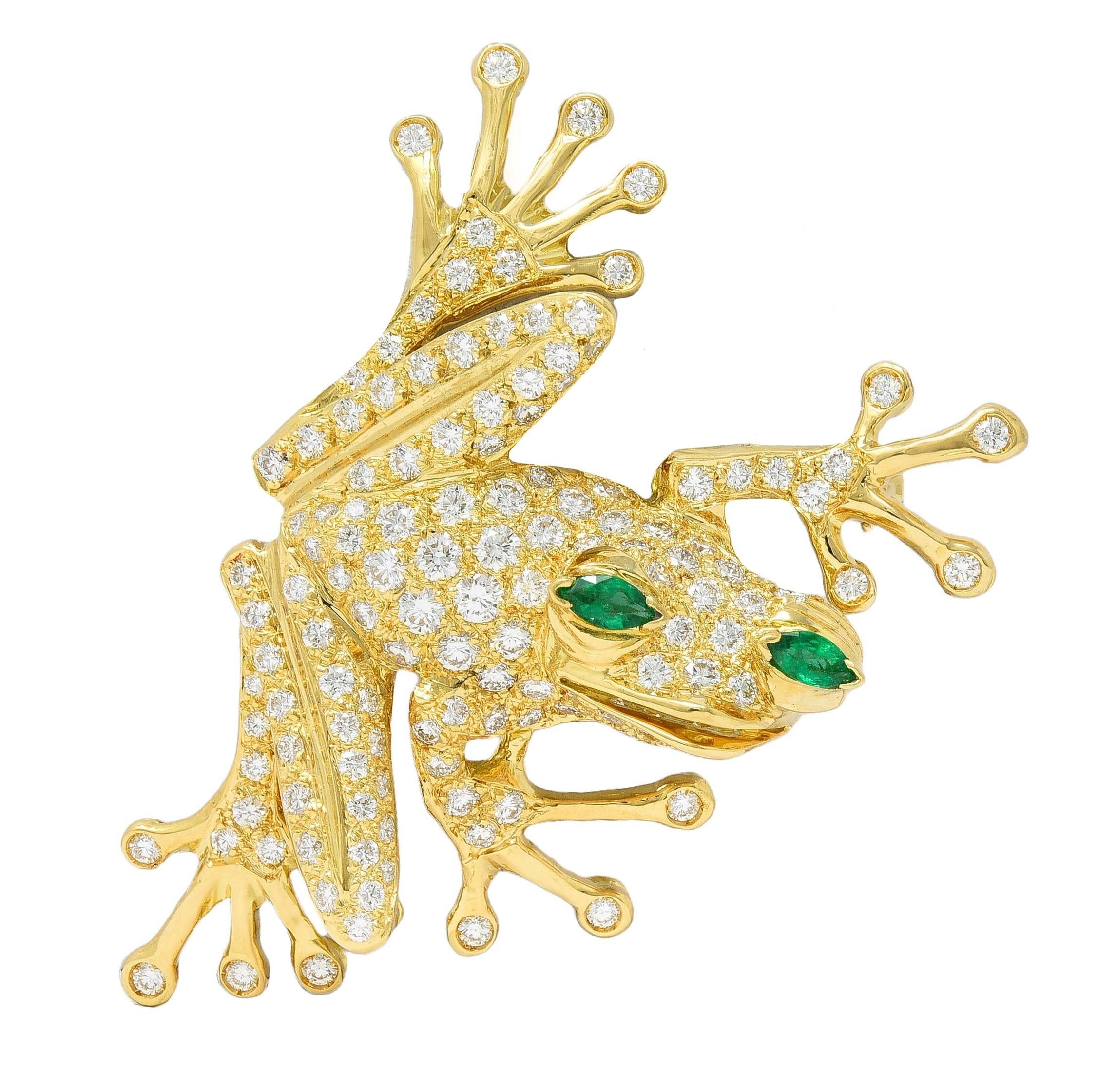 Danker 1980's 3.80 CTW Diamond Emerald 18 Karat Gold Vintage Frog Brooch