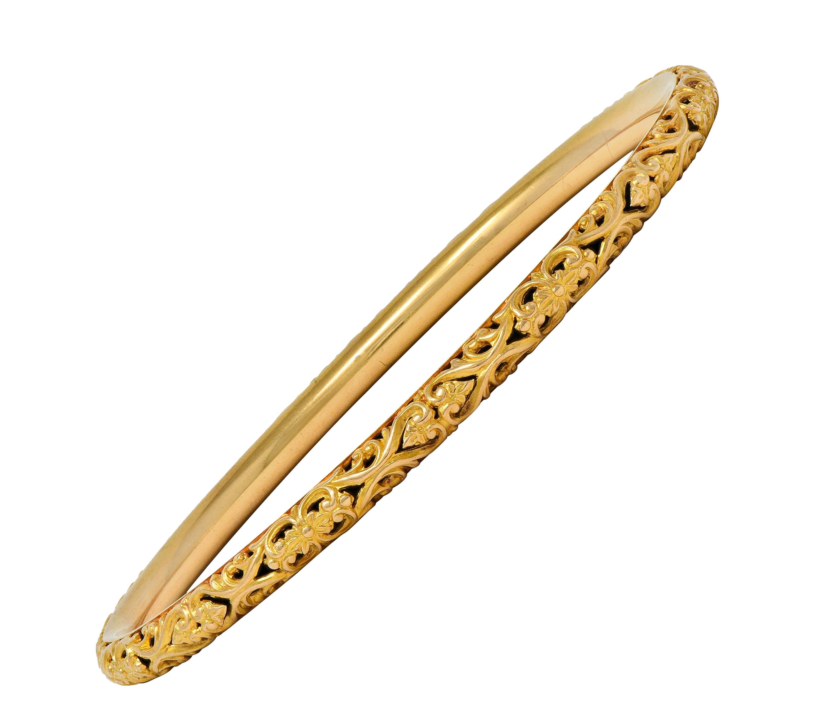 Sloan & Co. Late Victorian 14K Gold Ornamental Floral Antique Bangle Bracelet