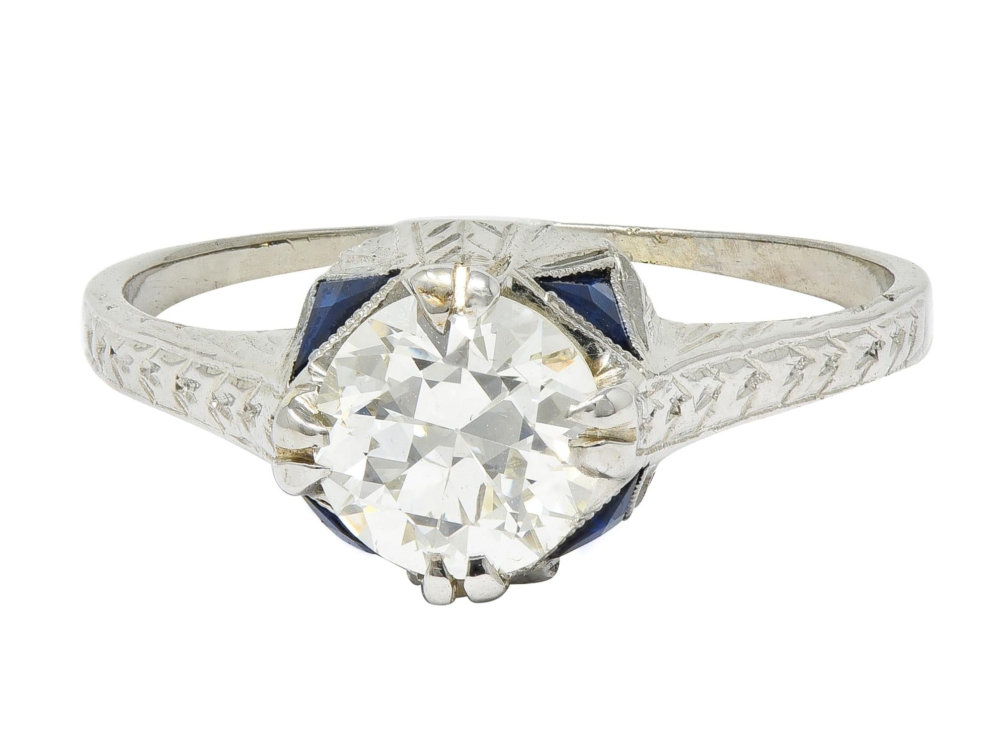 Art Deco 0.75 CTW Diamond Sapphire 18 White Gold Vintage Wheat Engagement Ring