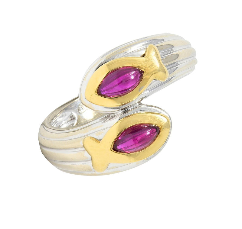 Fred Paris Ruby 18 Karat Two-Tone Gold Fish Pisces Zodiac Vintage Bypass Ring