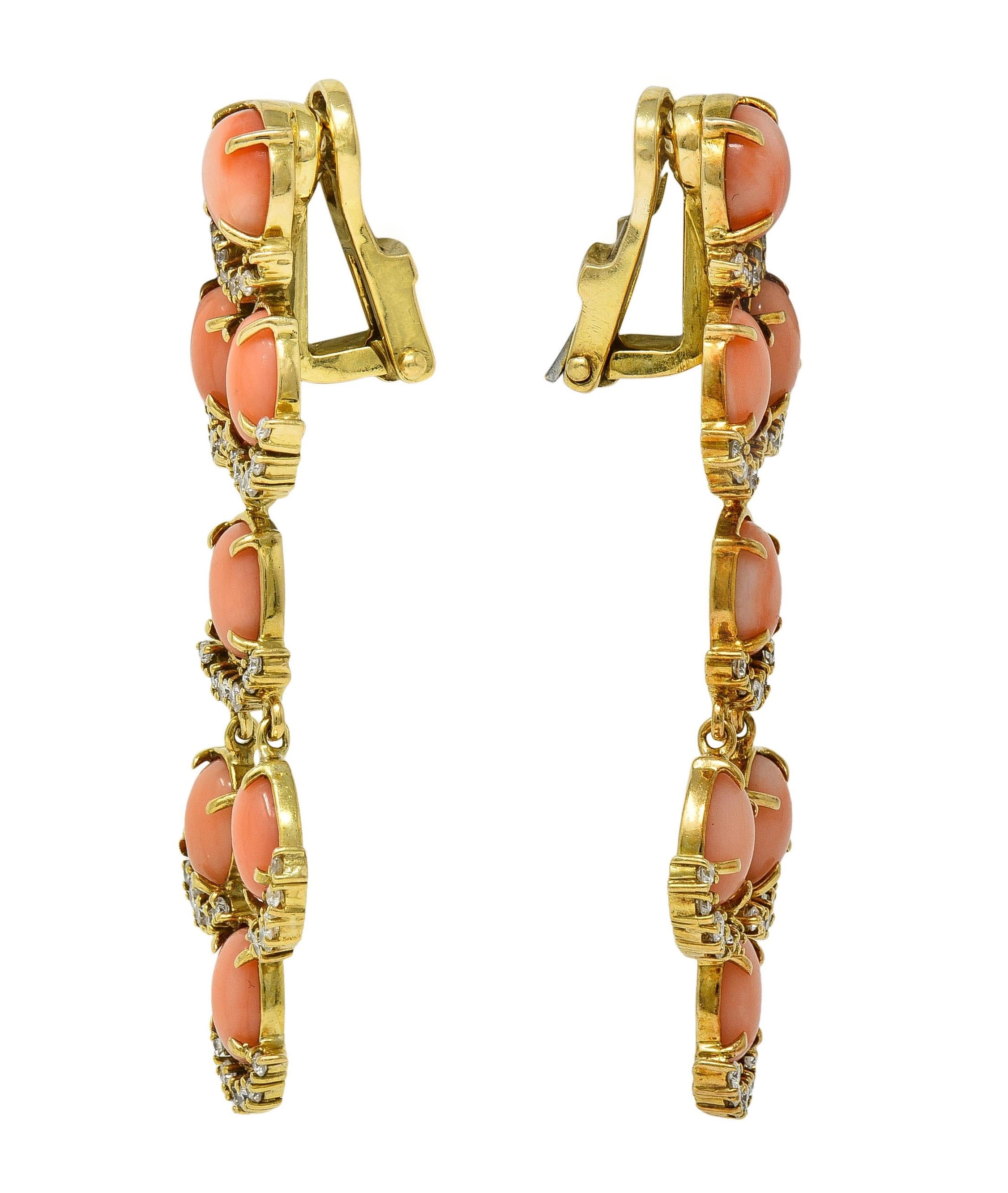 Laura Munder Diamond Coral 18 Karat Yellow Gold Chandelier Ear-Clip Earrings