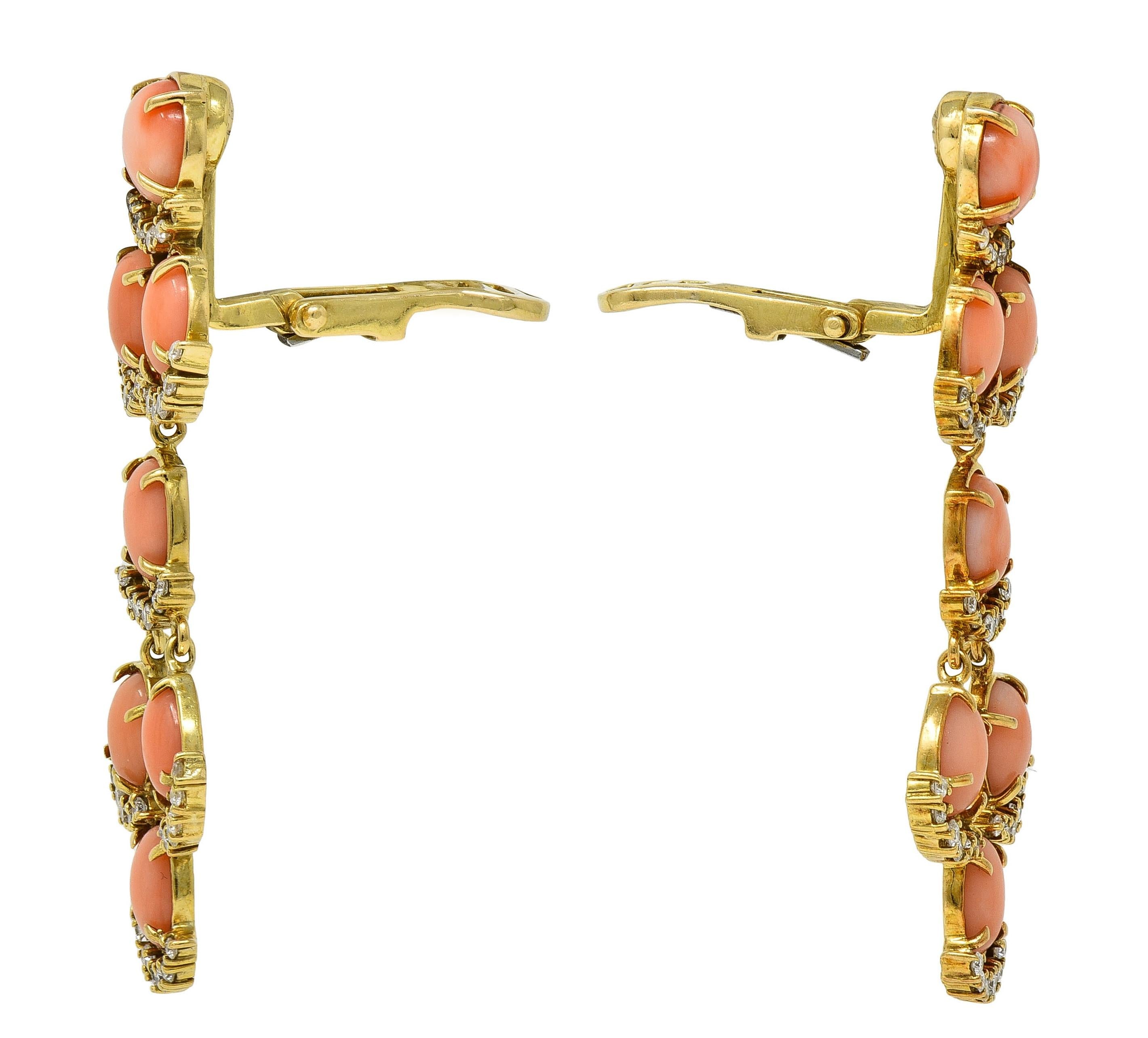Laura Munder Diamond Coral 18 Karat Yellow Gold Chandelier Ear-Clip Earrings