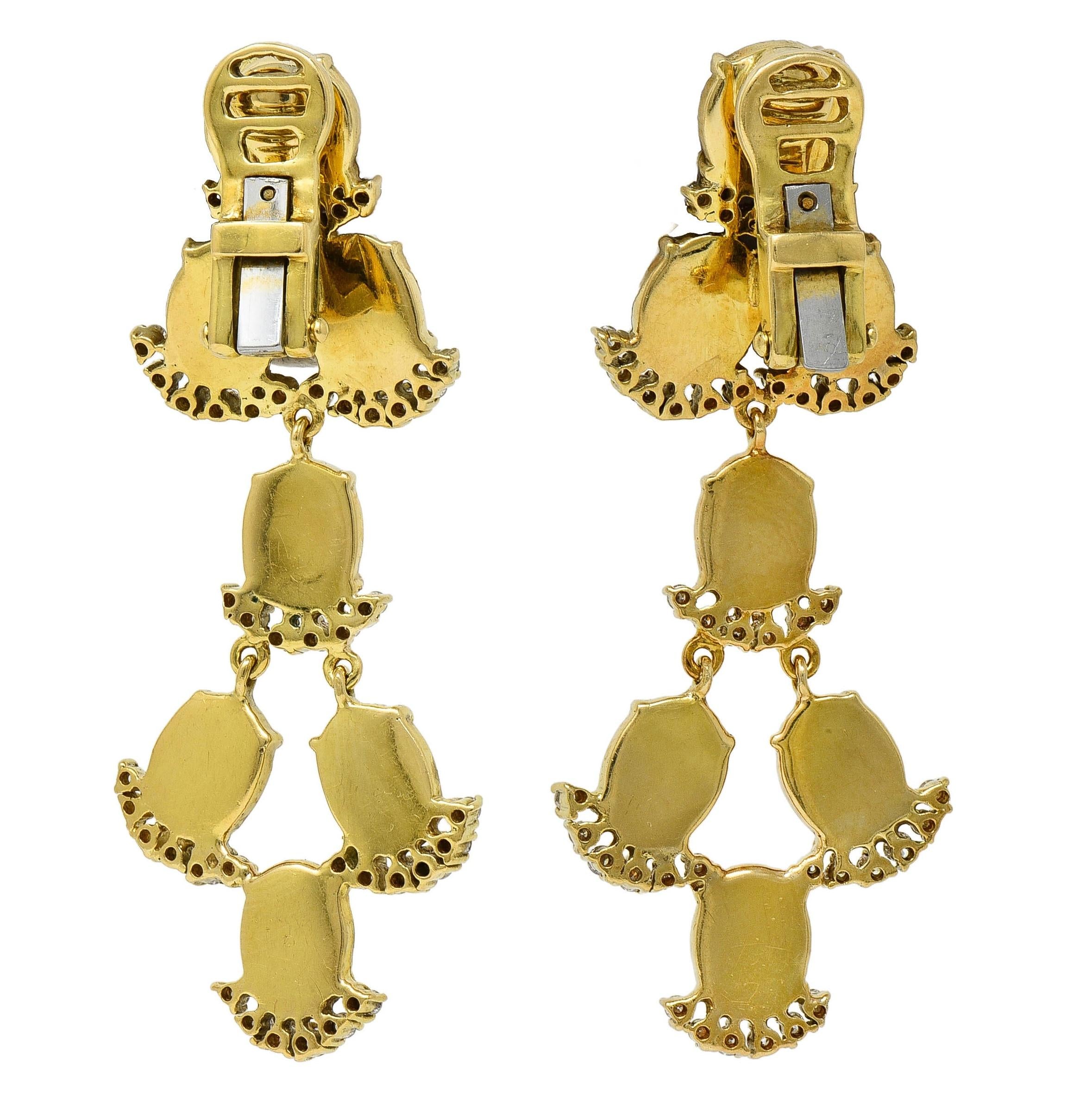 Laura Munder Diamond Coral 18 Karat Yellow Gold Chandelier Ear-Clip Earrings