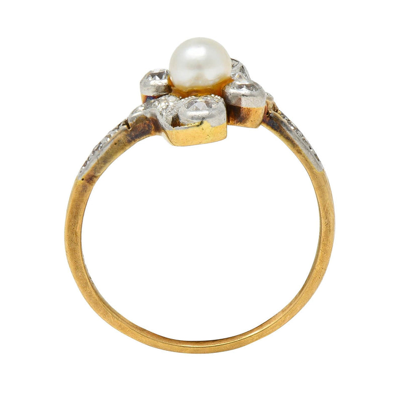 Edwardian Pearl Diamond Platinum-Topped 18 Karat Gold Antique Navette Ring