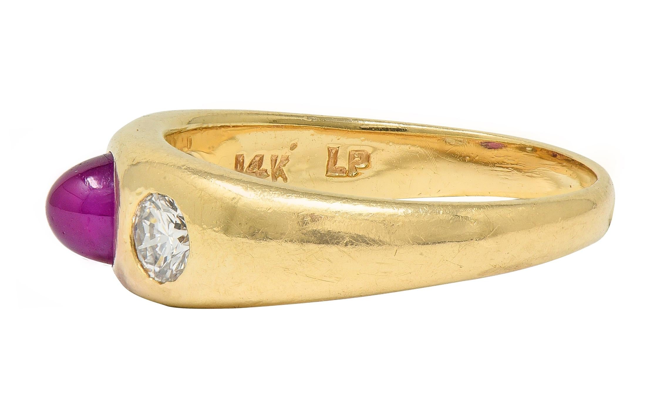 1960's Ruby Diamond 14 Karat Yellow Gold Vintage Three Stone Ring