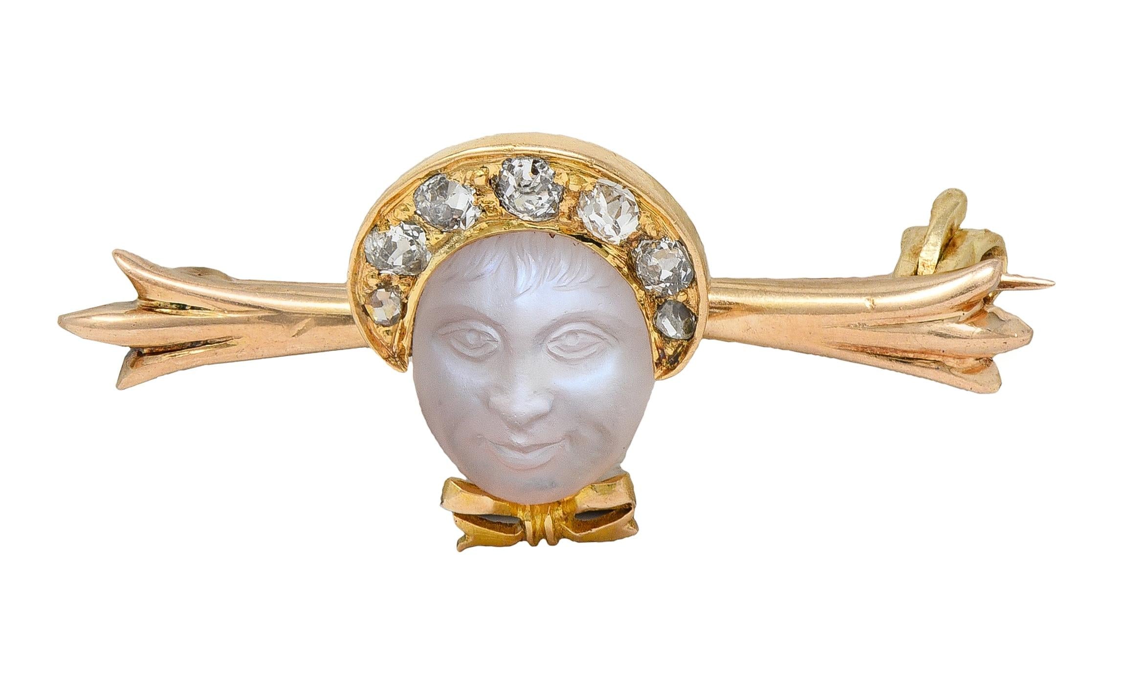 Victorian Diamond Carved Moonstone 14 Karat Yellow Gold Antique Baby Bar Brooch