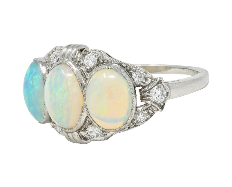 Late Art Deco Opal Cabochon Diamond Platinum Vintage Dinner Band Ring