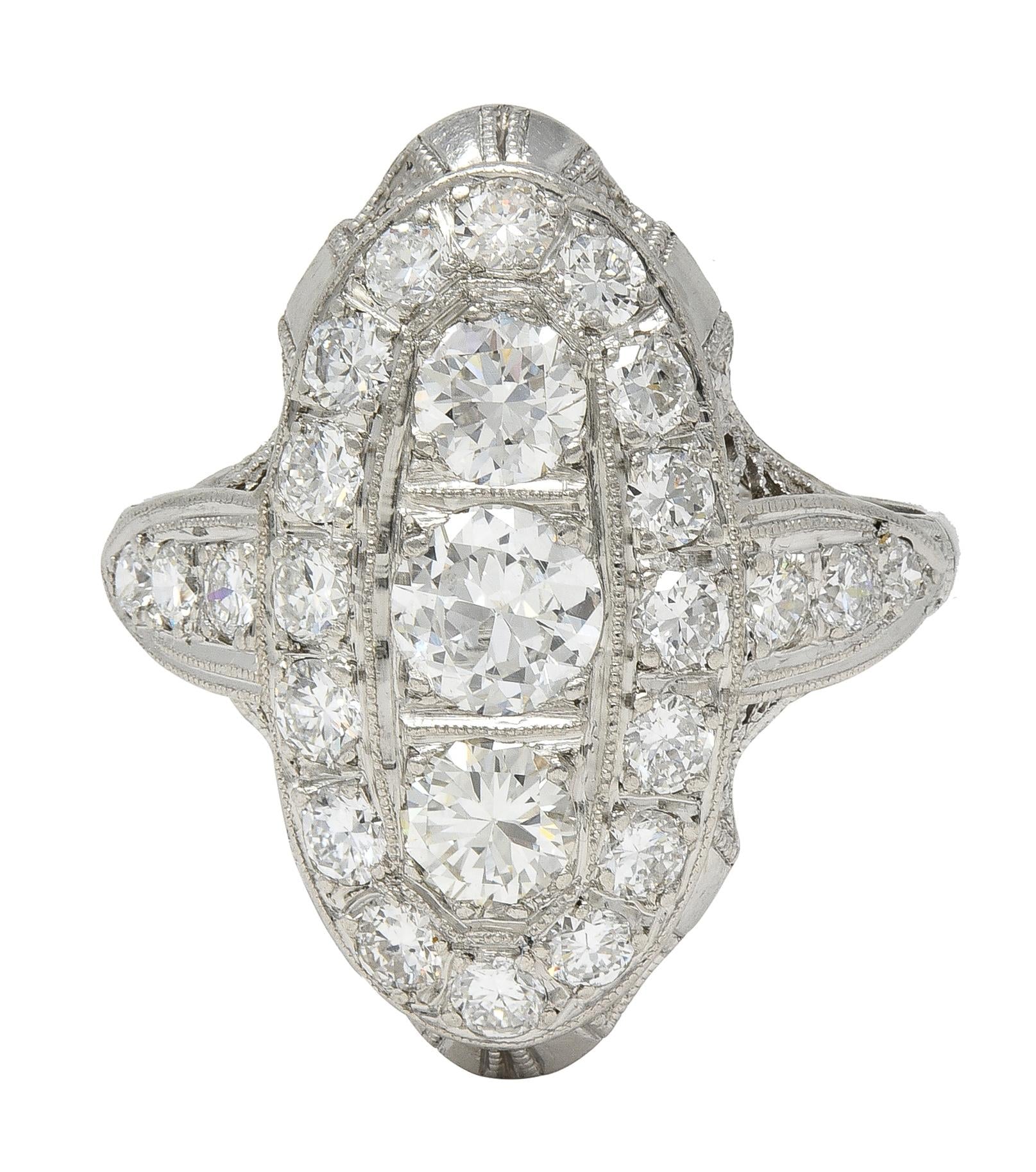 Edwardian 2.68 CTW Diamond Platinum Antique Scrolling Navette Dinner Ring