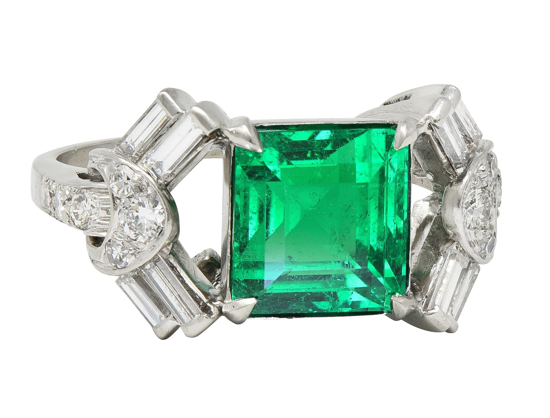 Mid-Century Colombian Emerald Diamond Platinum Vintage Buckle Cocktail Ring AGL