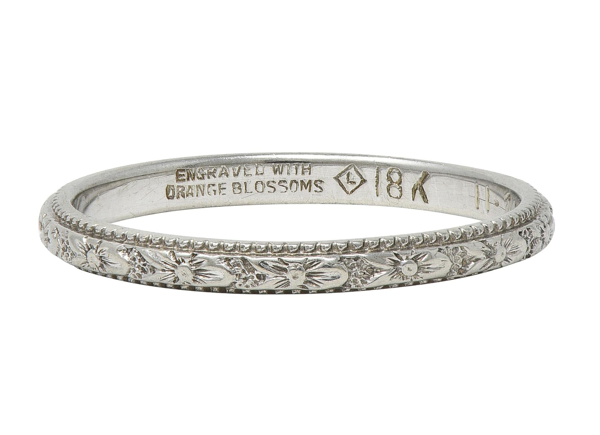 1982 18 Karat White Gold Vintage Orange Blossom Wedding Band Ring