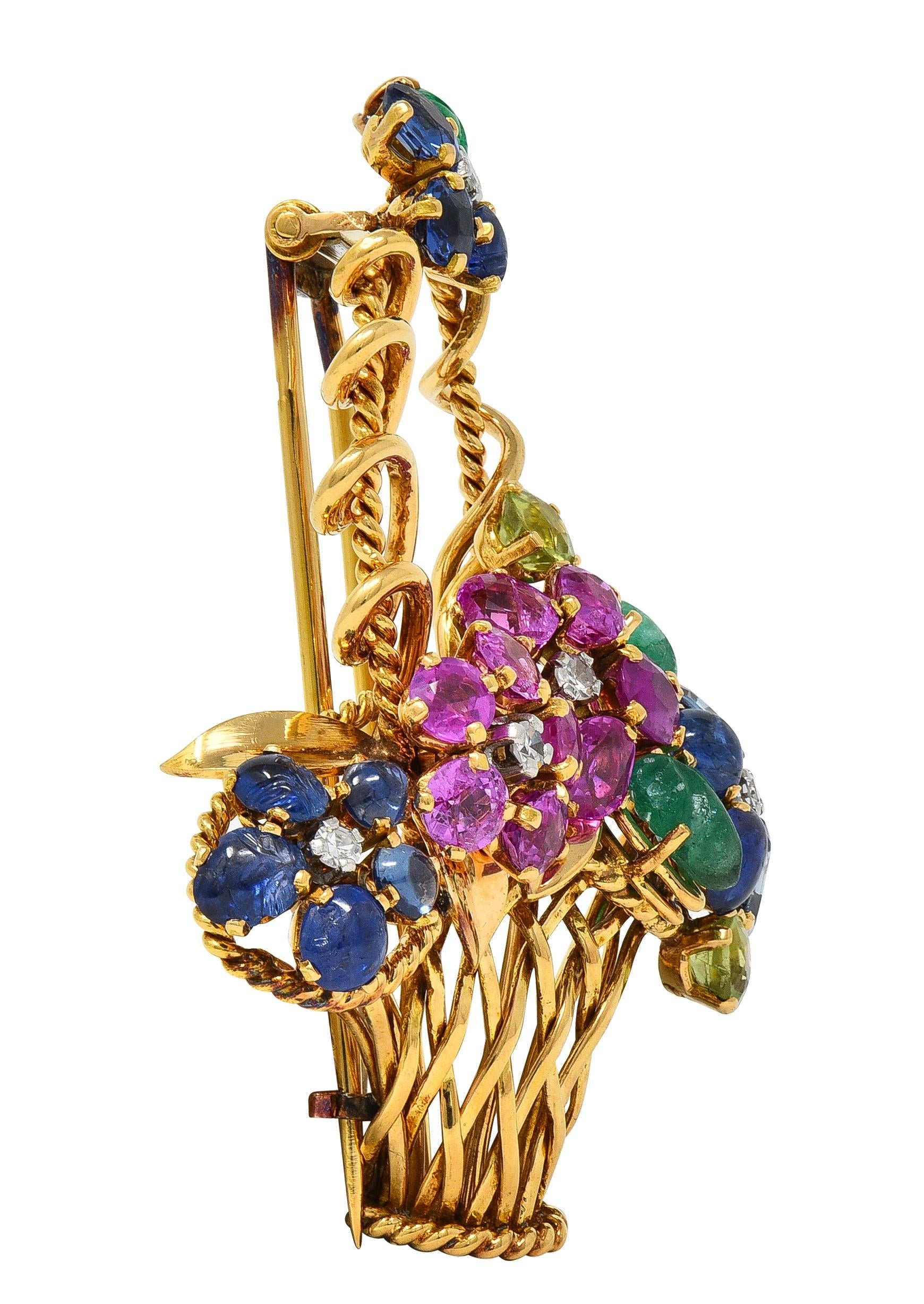 Mauboussin Paris 1950's Multi-Gem 18K Gold Vintage Giardinetto Floral Brooch