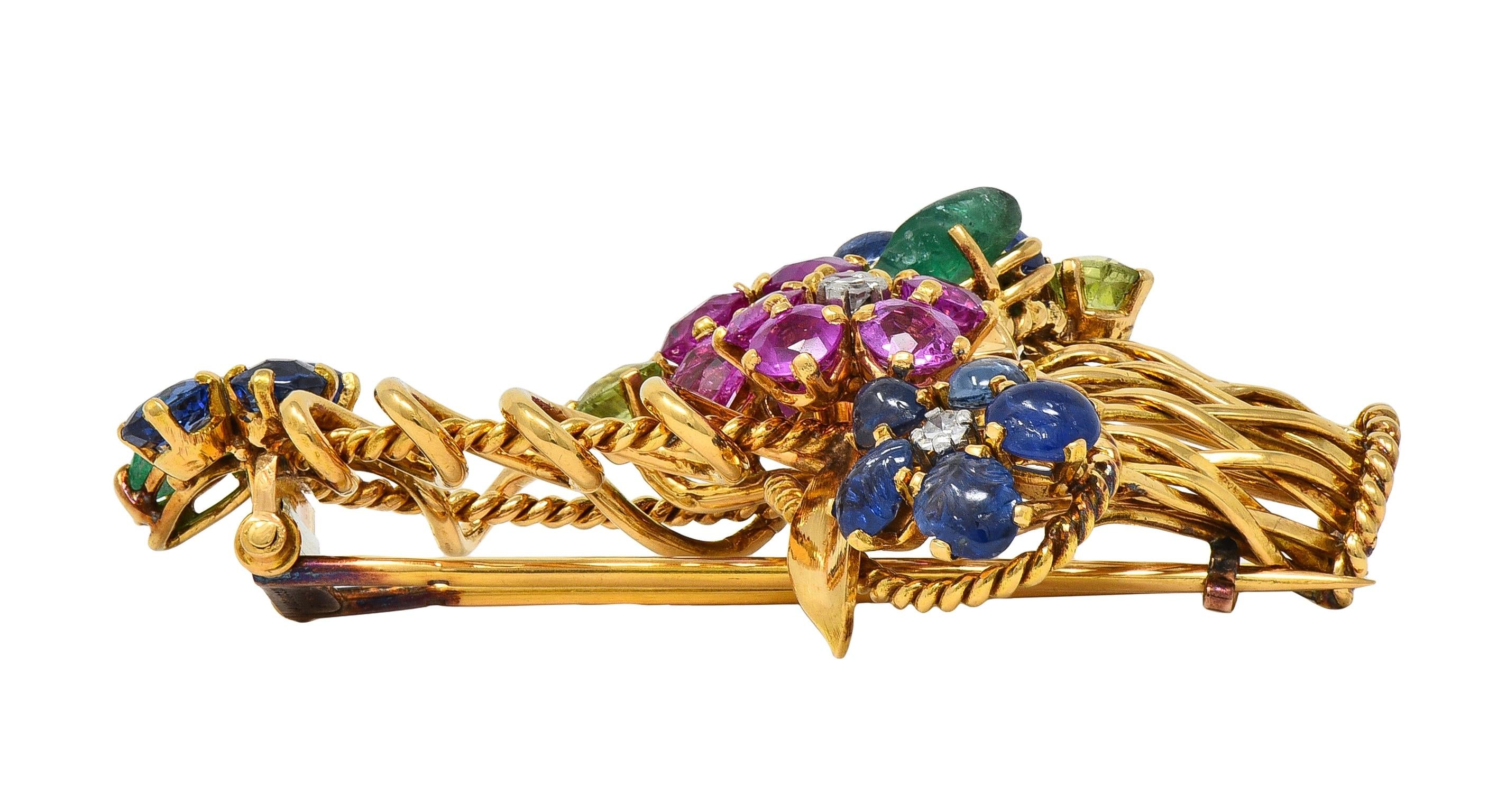 Mauboussin Paris 1950's Multi-Gem 18K Gold Vintage Giardinetto Floral Brooch