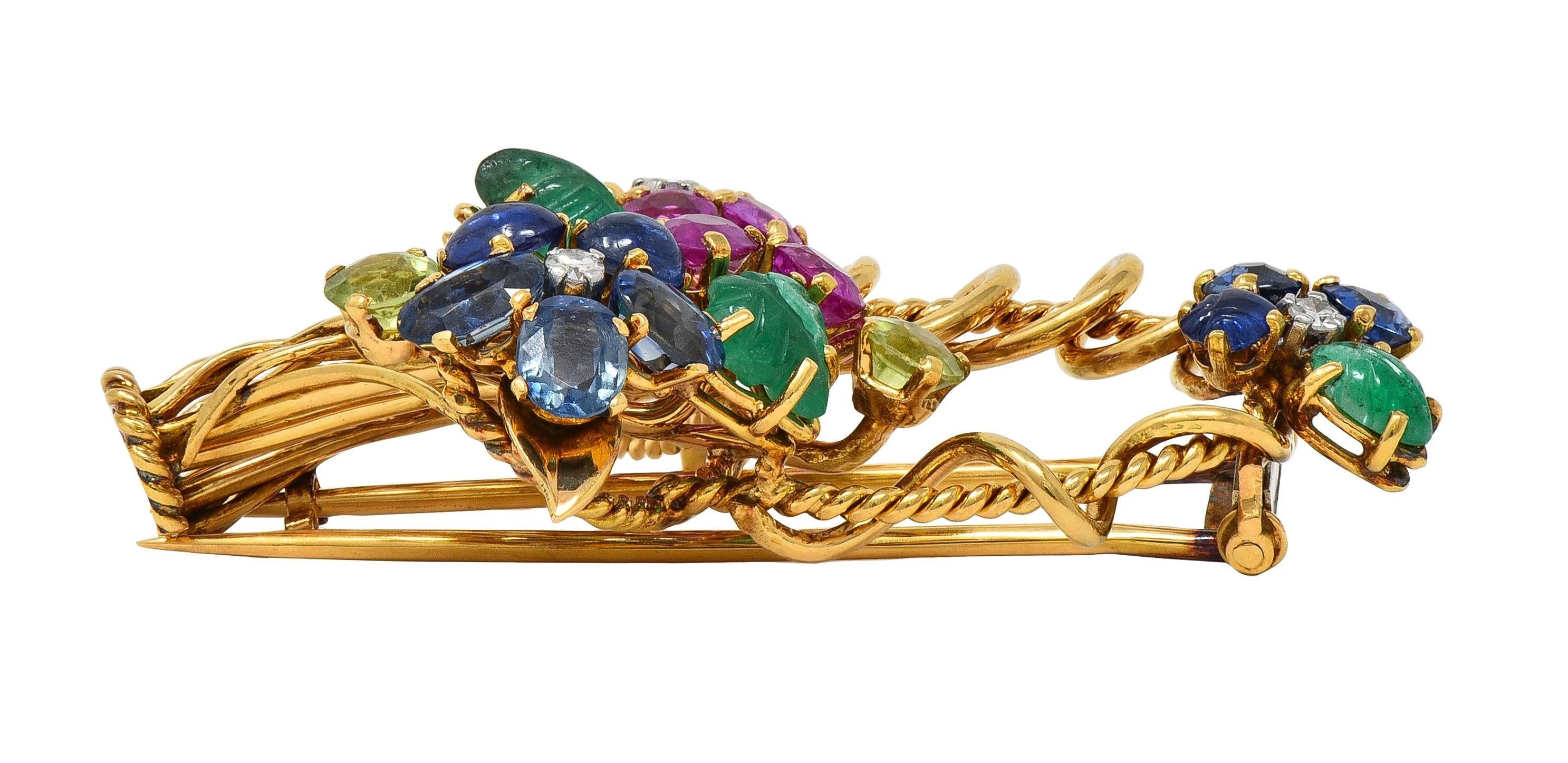 Mauboussin Paris 1950's Multi-Gem 18K Gold Vintage Giardinetto Floral Brooch
