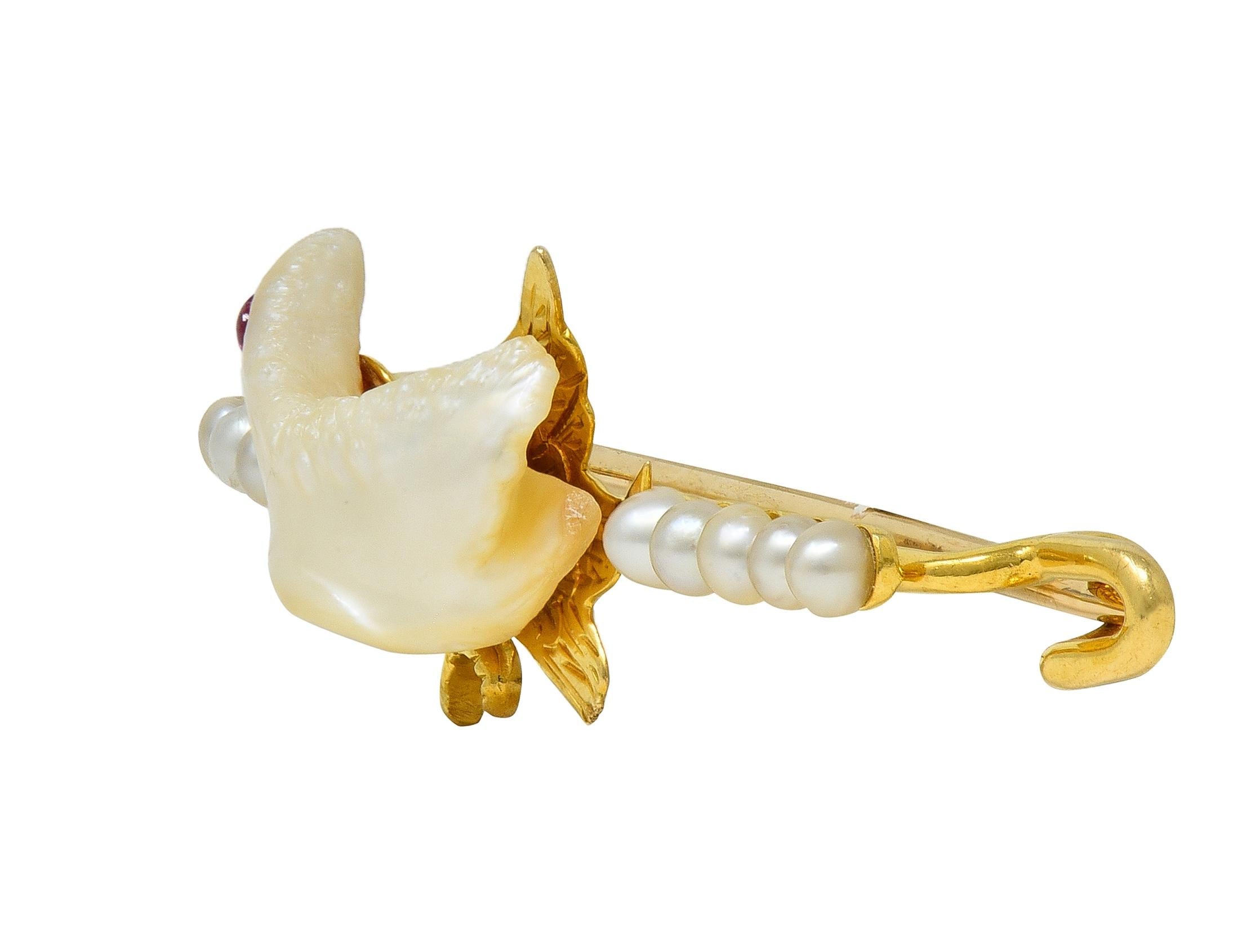 Edwardian Ruby Pearl 15 Karat Yellow Gold Antique Baroque Bird Bar Brooch