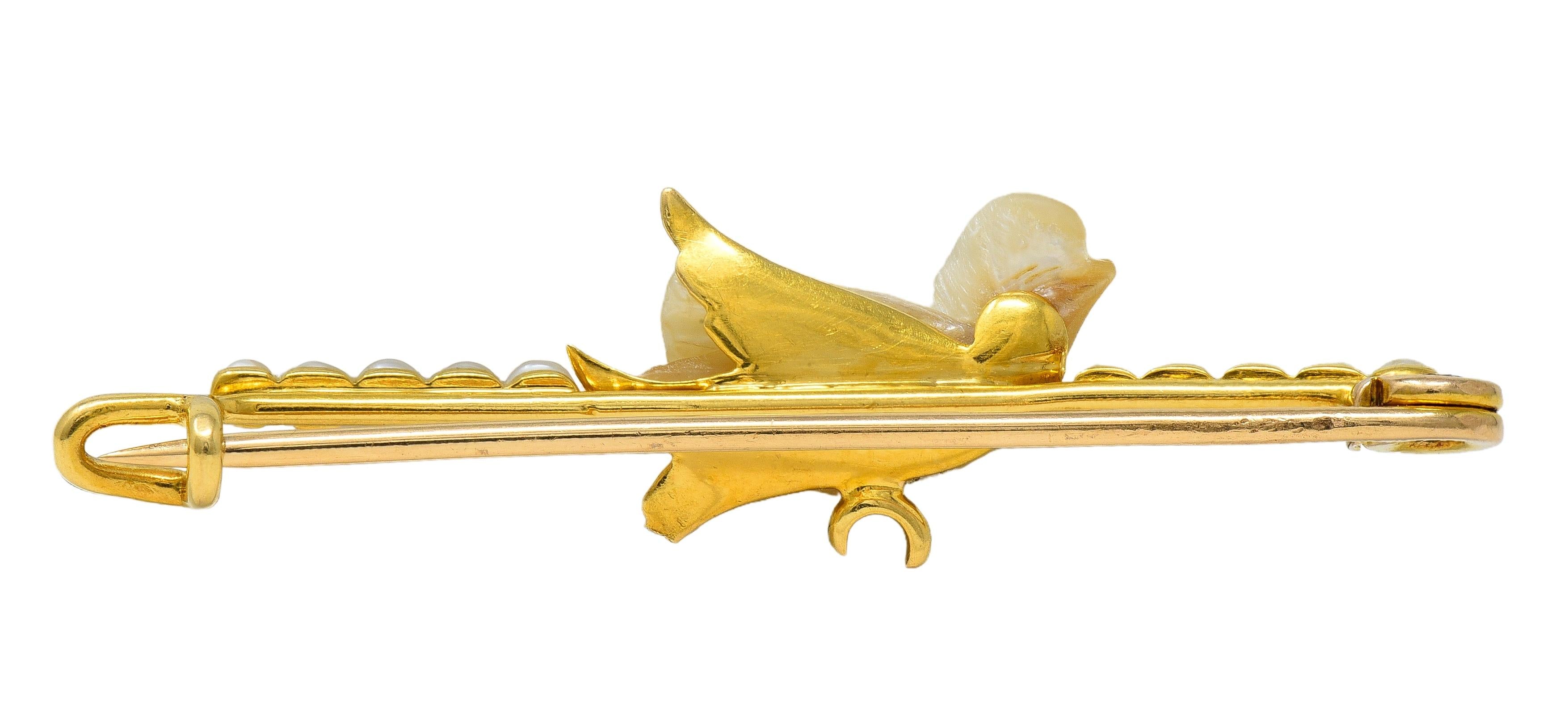 Edwardian Ruby Pearl 15 Karat Yellow Gold Antique Baroque Bird Bar Brooch