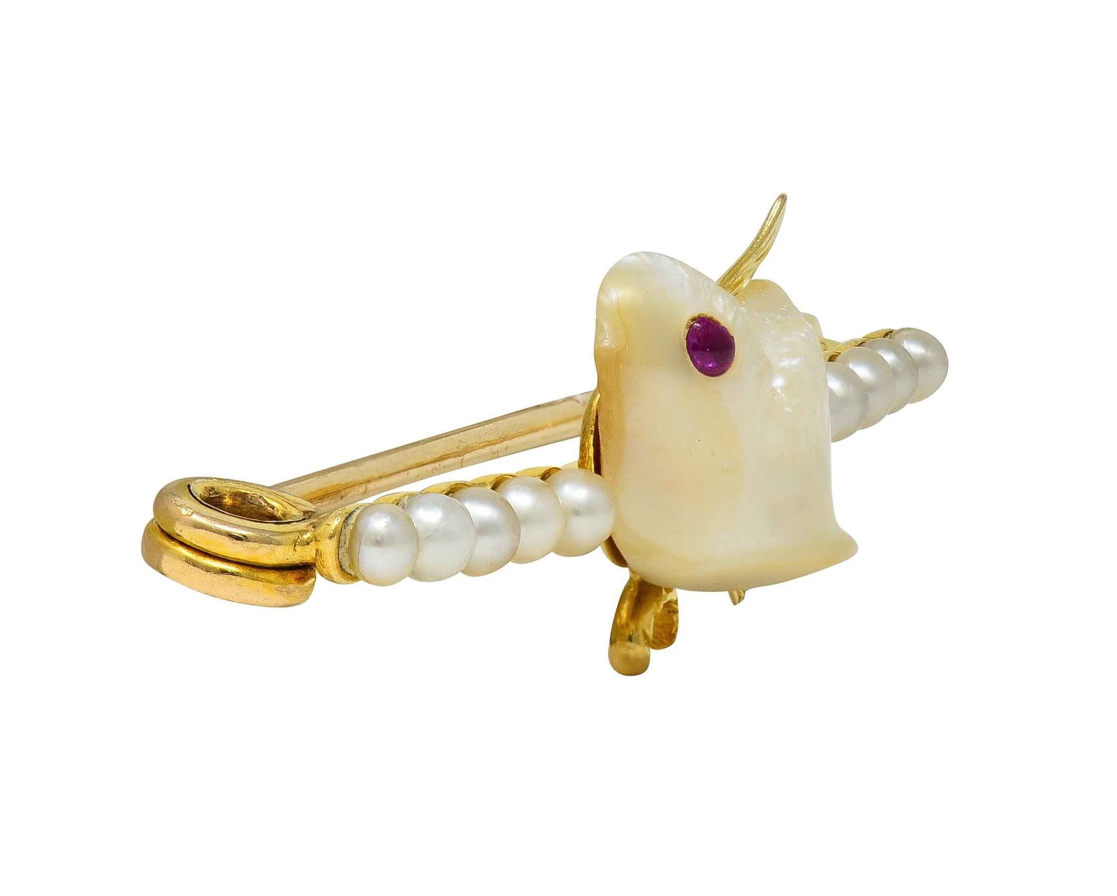 Edwardian Ruby Pearl 15 Karat Yellow Gold Antique Baroque Bird Bar Brooch