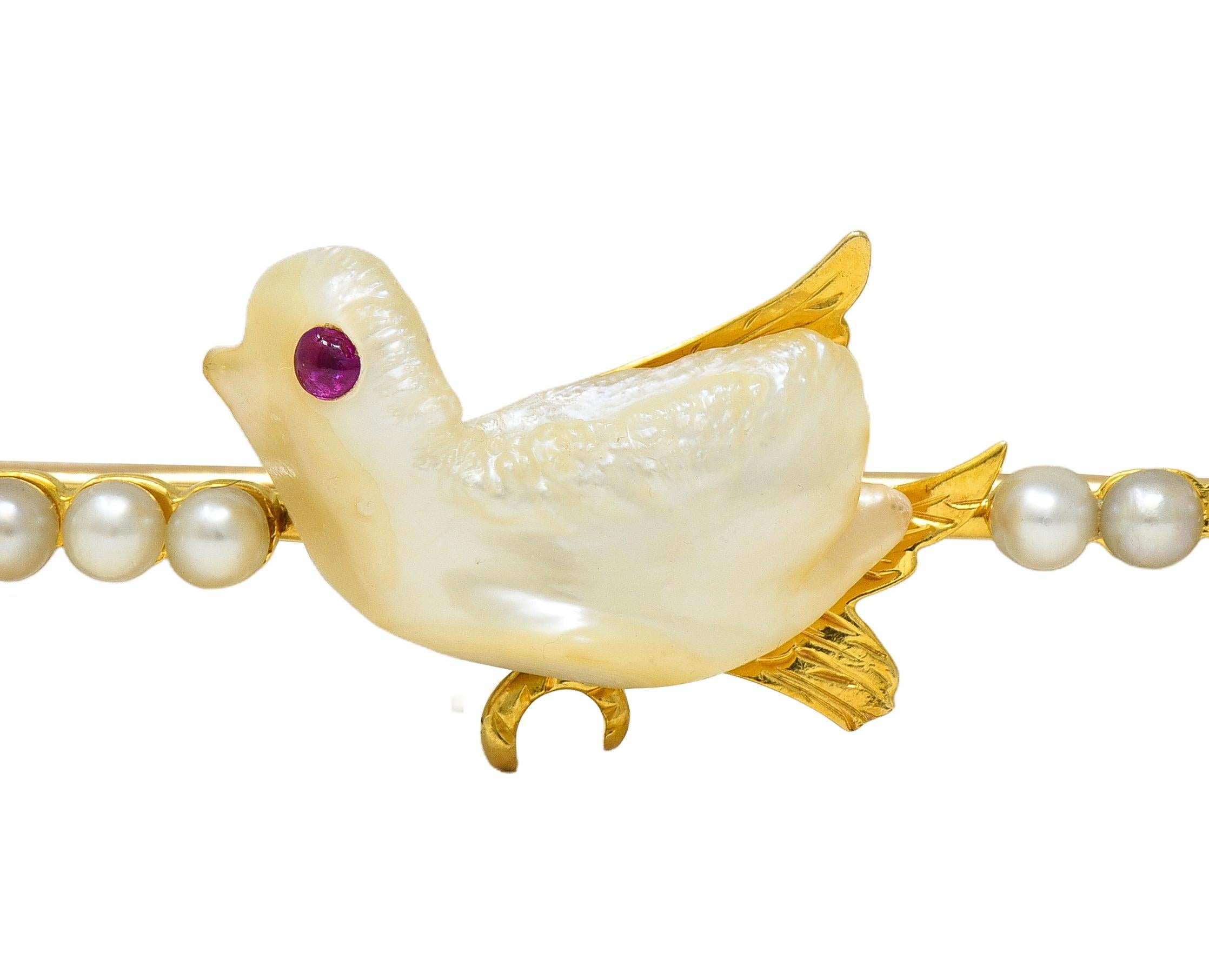 Edwardian Ruby Pearl 15 Karat Yellow Gold Antique Baroque Bird Bar Brooch