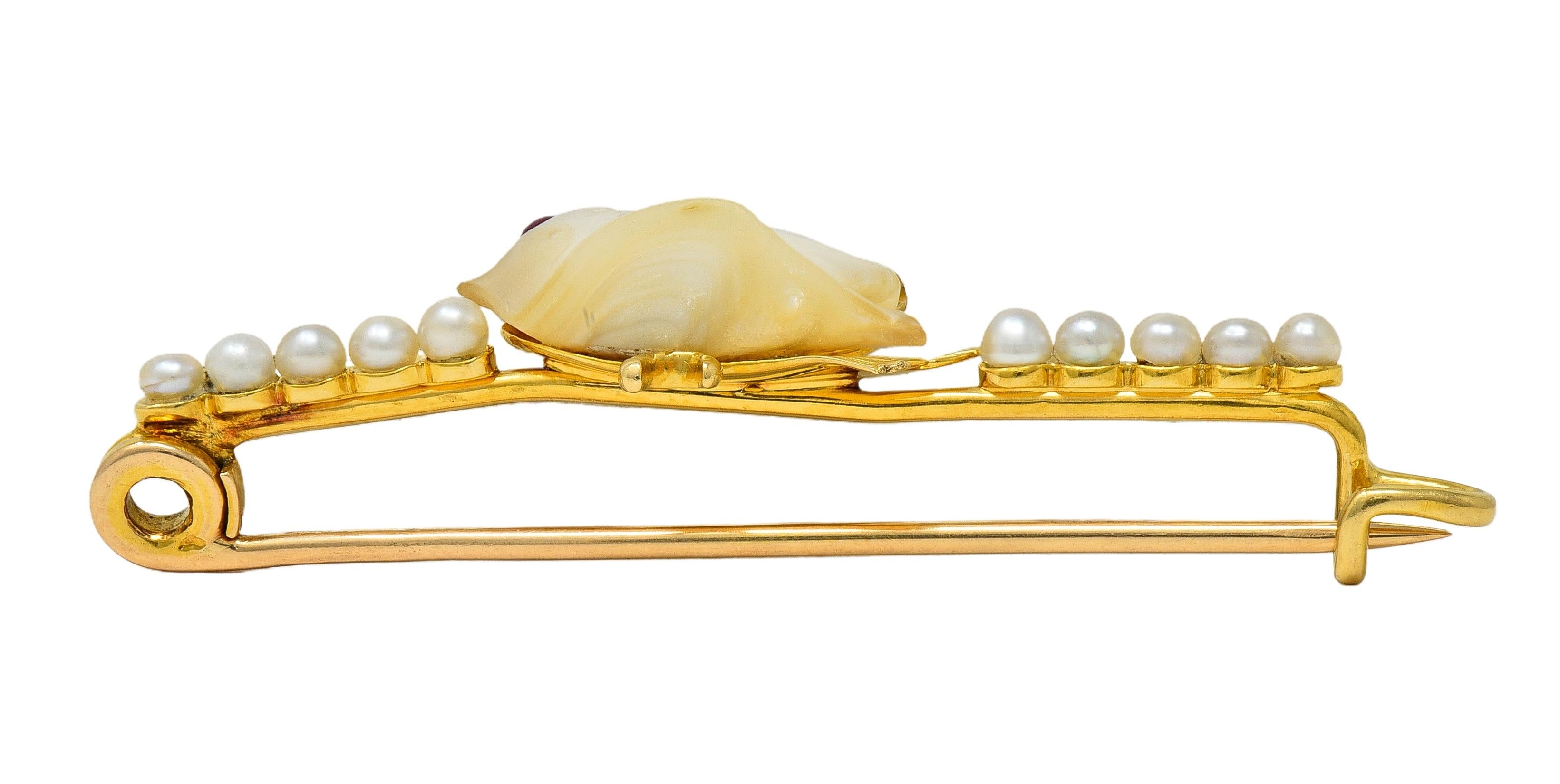 Edwardian Ruby Pearl 15 Karat Yellow Gold Antique Baroque Bird Bar Brooch
