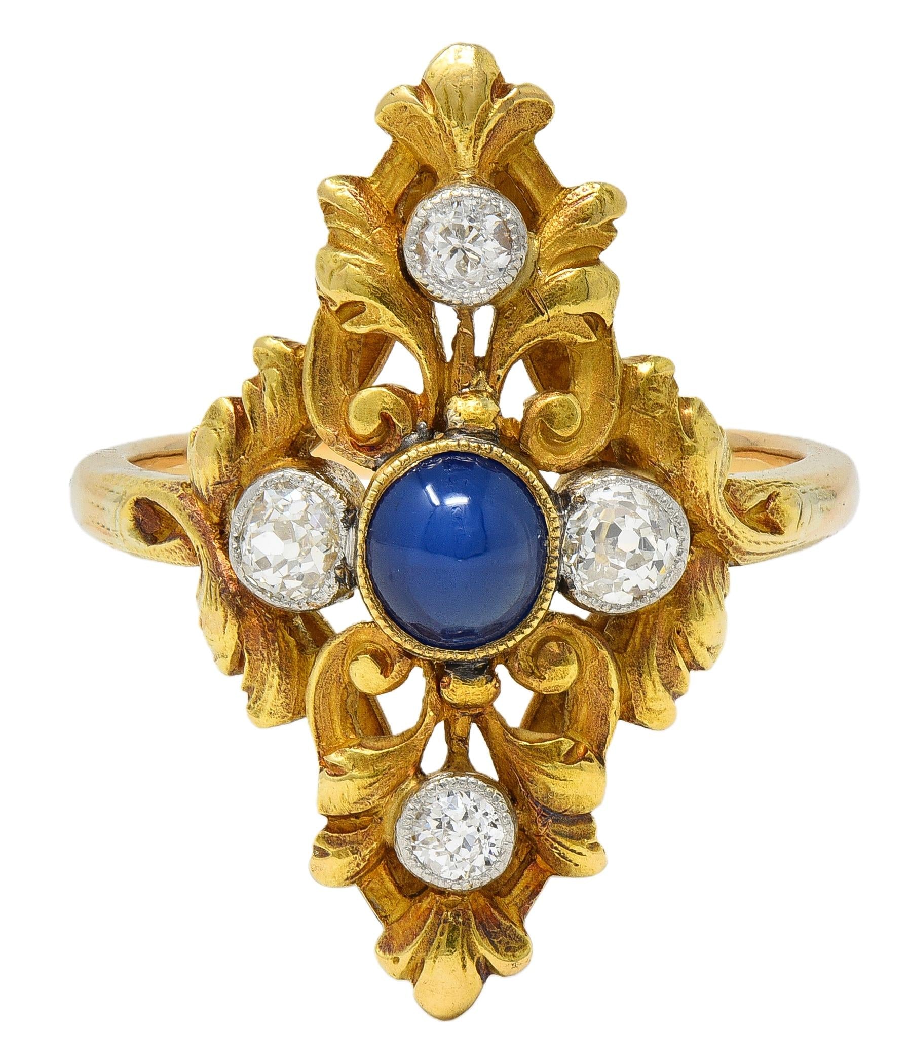 Art Nouveau Sapphire Diamond Platinum 18 Karat Yellow Gold Antique Foliate Ring