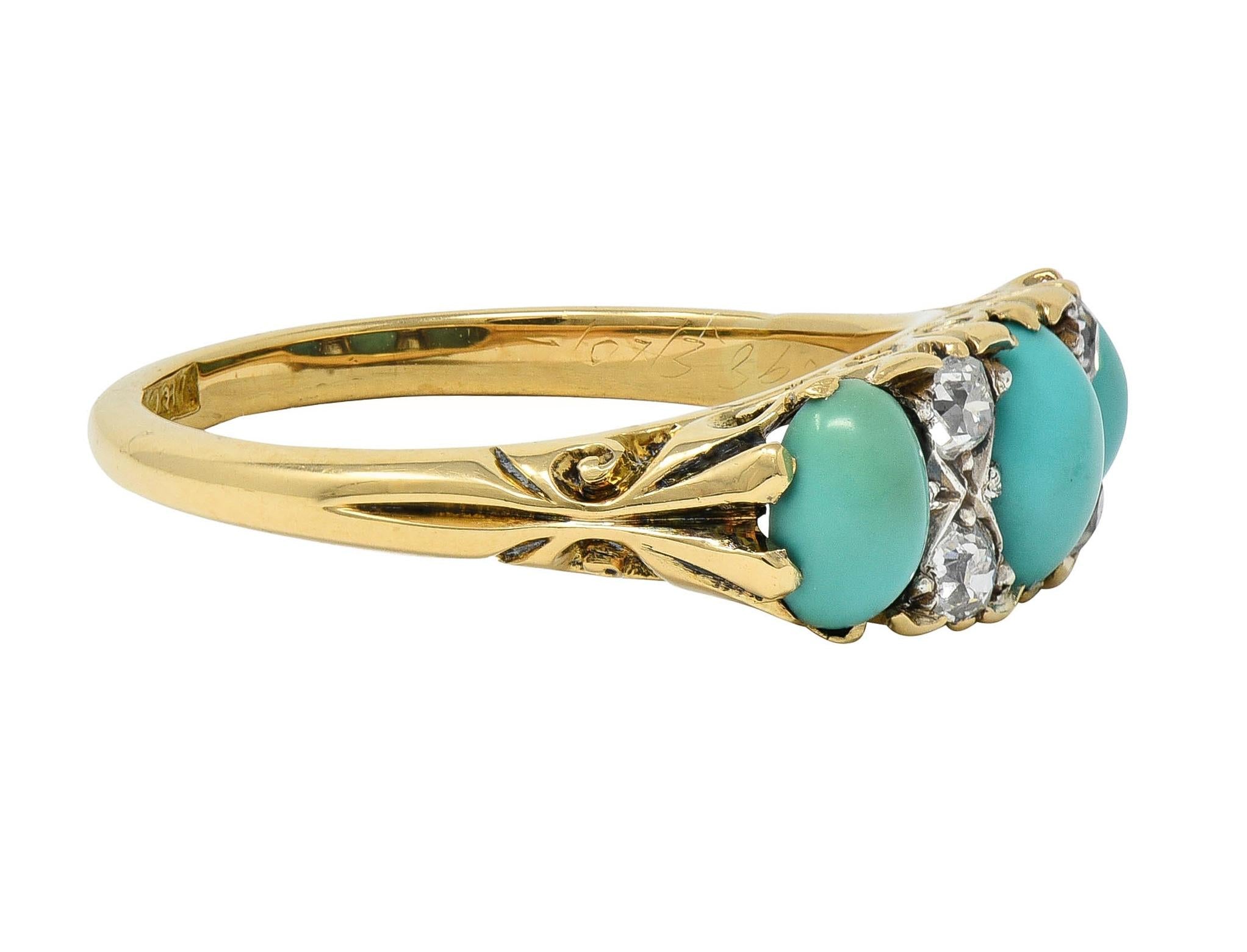 Art Nouveau Turquoise Diamond Platinum 18K Gold Antique Three Stone Band Ring