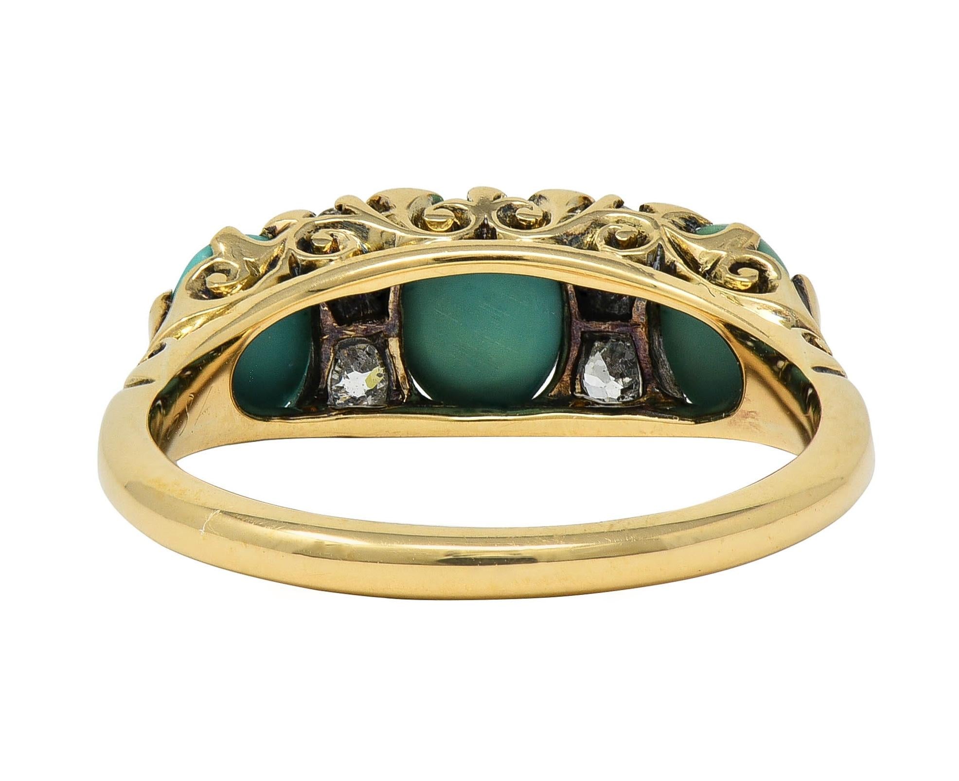 Art Nouveau Turquoise Diamond Platinum 18K Gold Antique Three Stone Band Ring