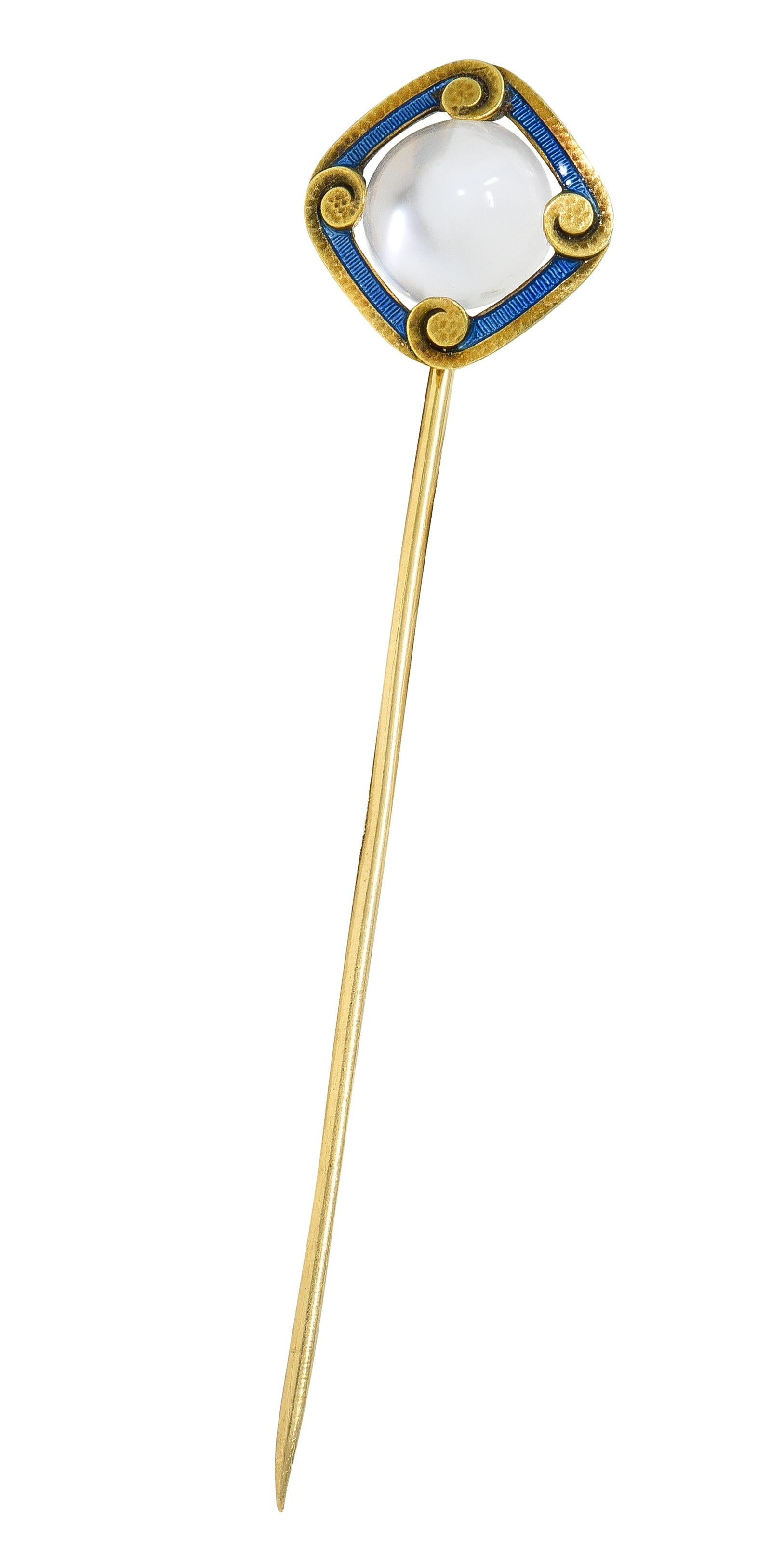 Carter Gough & Co. Art Nouveau Moonstone Enamel 14K Gold Antique Scroll Stickpin