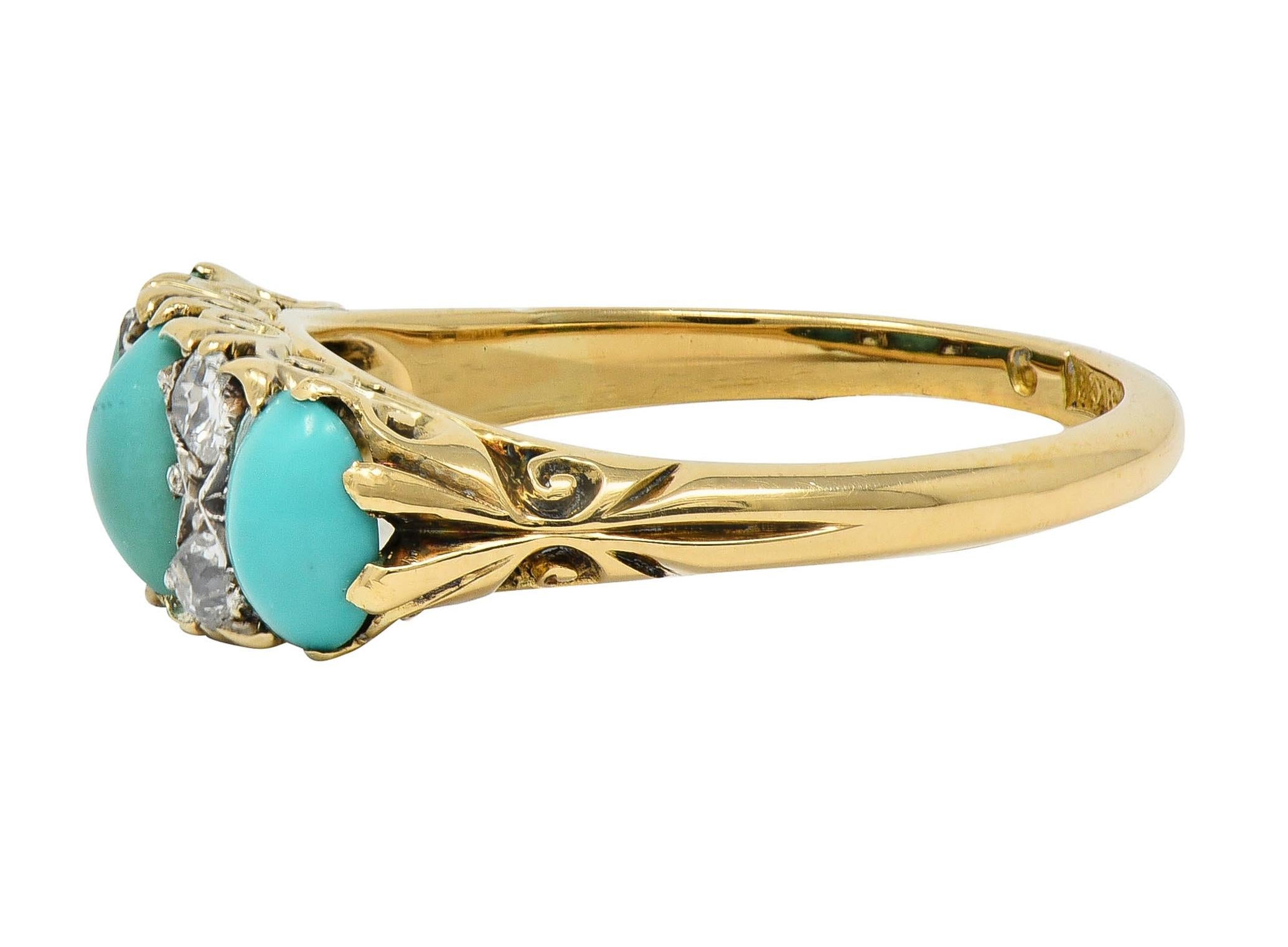 Art Nouveau Turquoise Diamond Platinum 18K Gold Antique Three Stone Band Ring