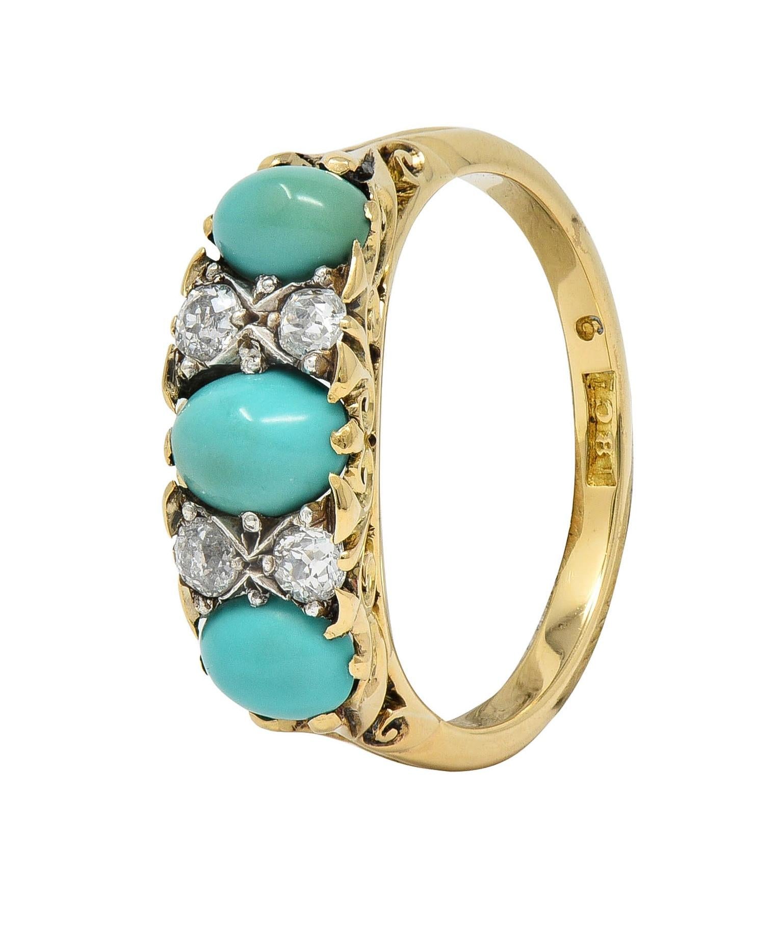 Art Nouveau Turquoise Diamond Platinum 18K Gold Antique Three Stone Band Ring