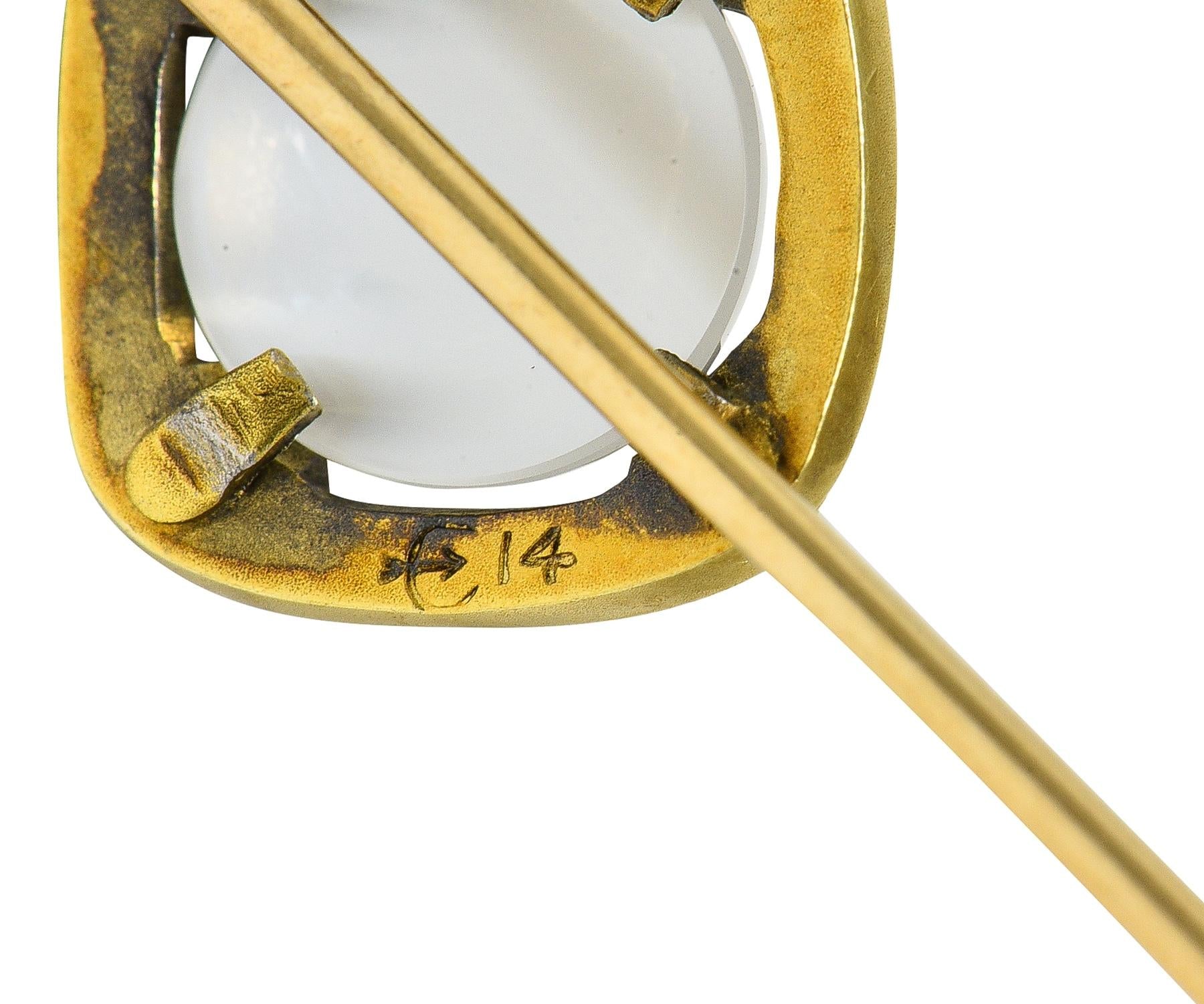 Carter Gough & Co. Art Nouveau Moonstone Enamel 14K Gold Antique Scroll Stickpin