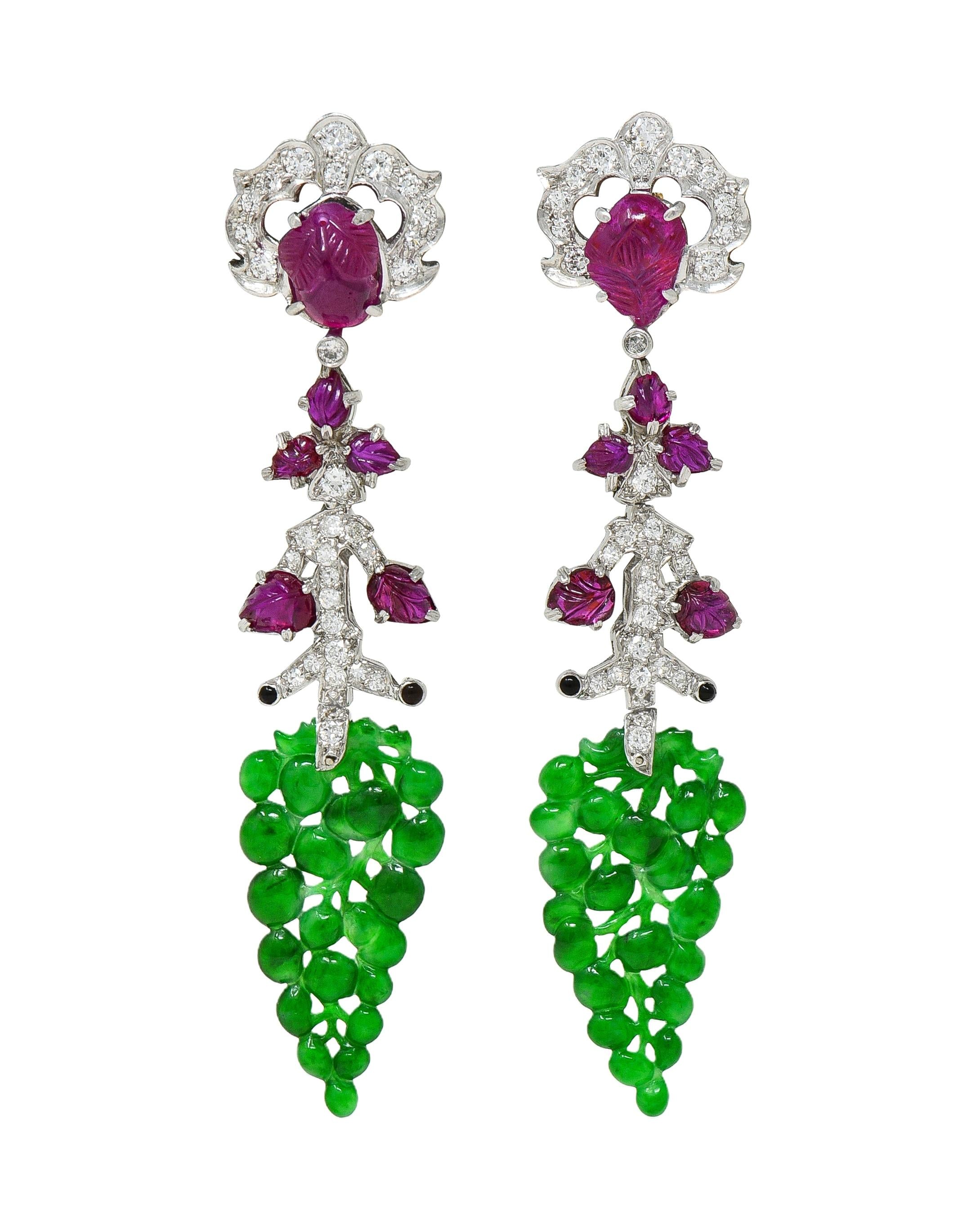 Art Deco No Heat Ruby Jade Onyx Diamond Platinum Vintage Tutti Frutti Earrings