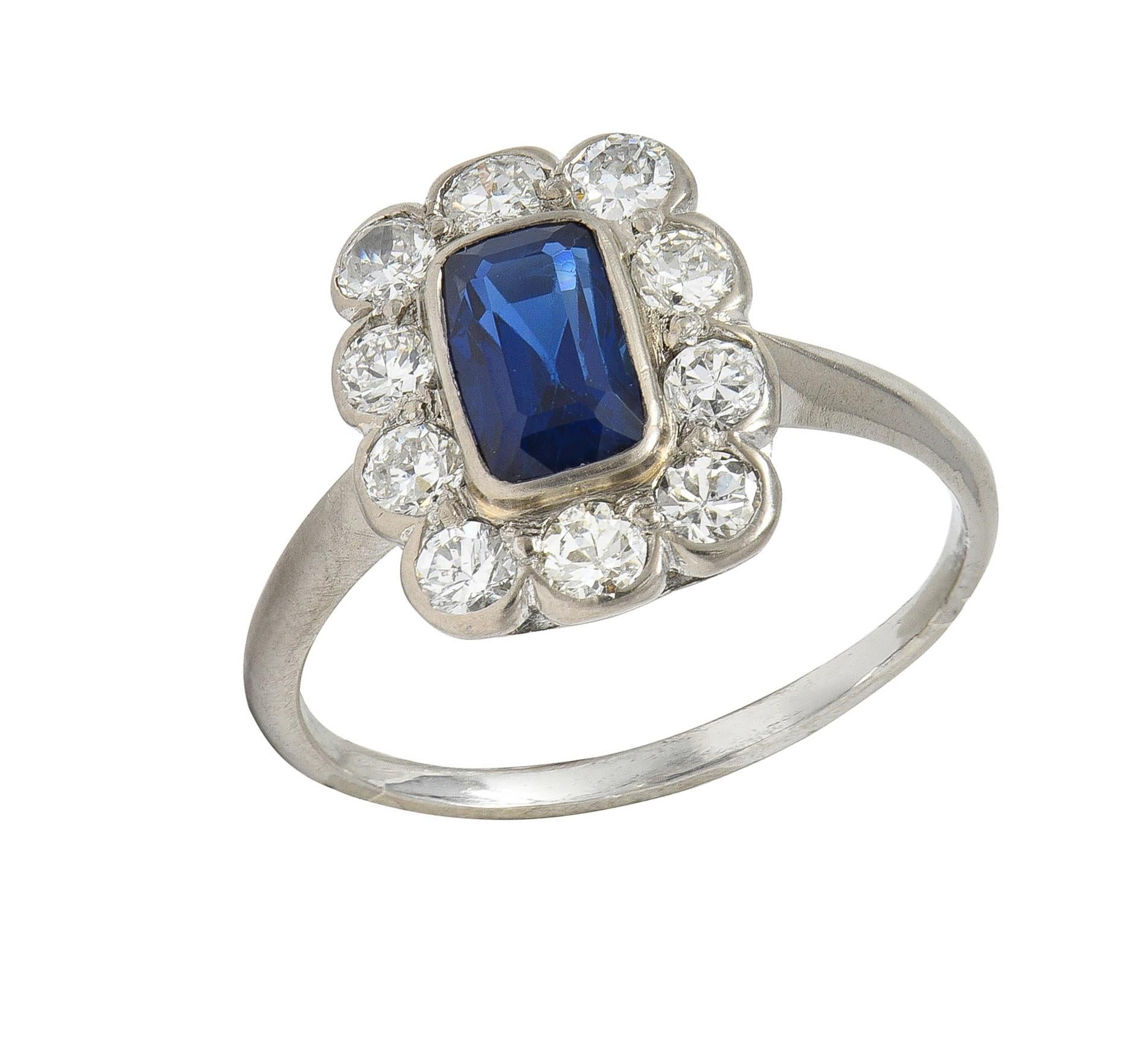 Art Deco 2.00 CTW Sapphire Diamond Platinum Vintage Halo Ring