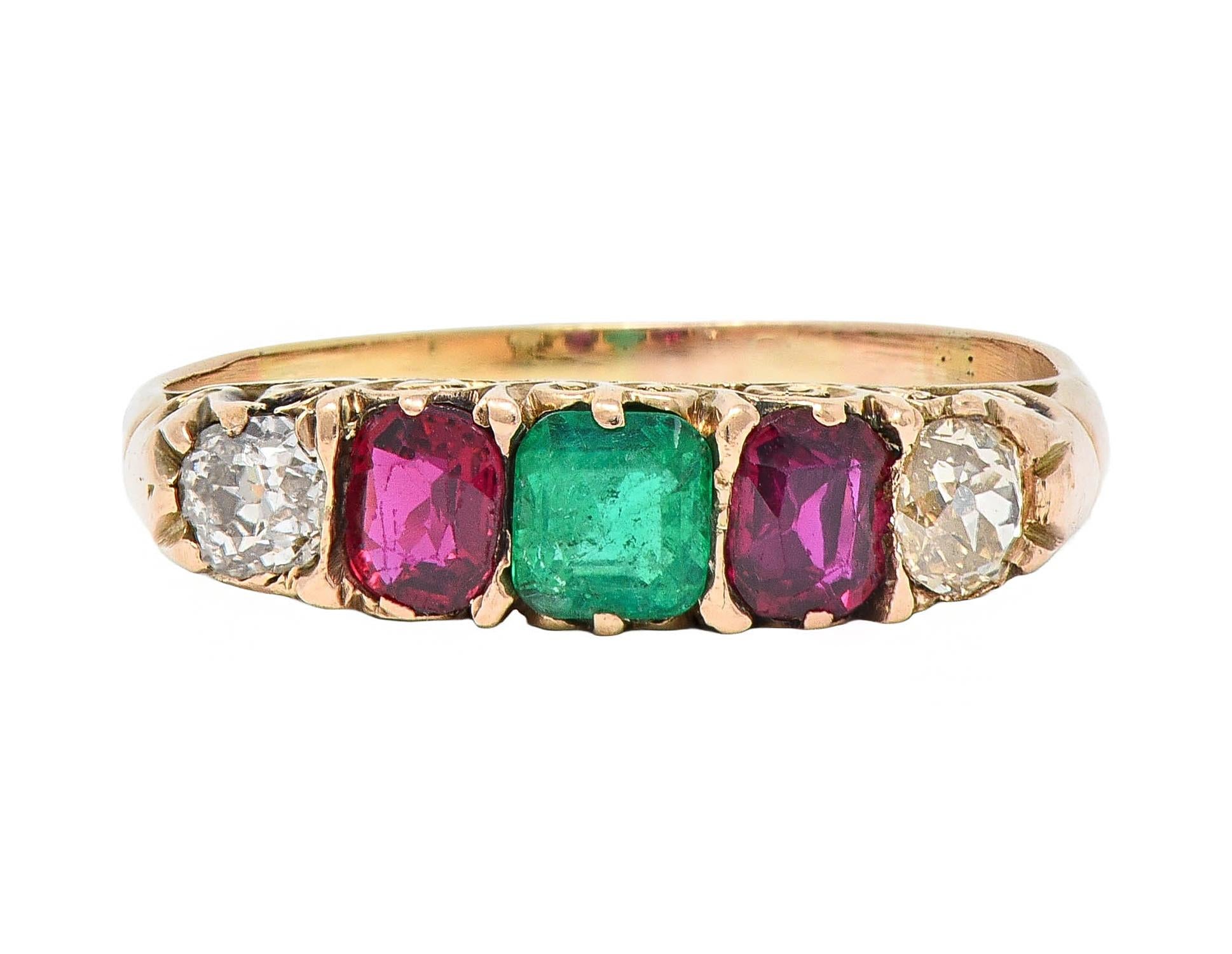 Victorian 1.10 CTW Ruby Emerald Diamond 14 Karat Yellow Gold Antique Band Ring