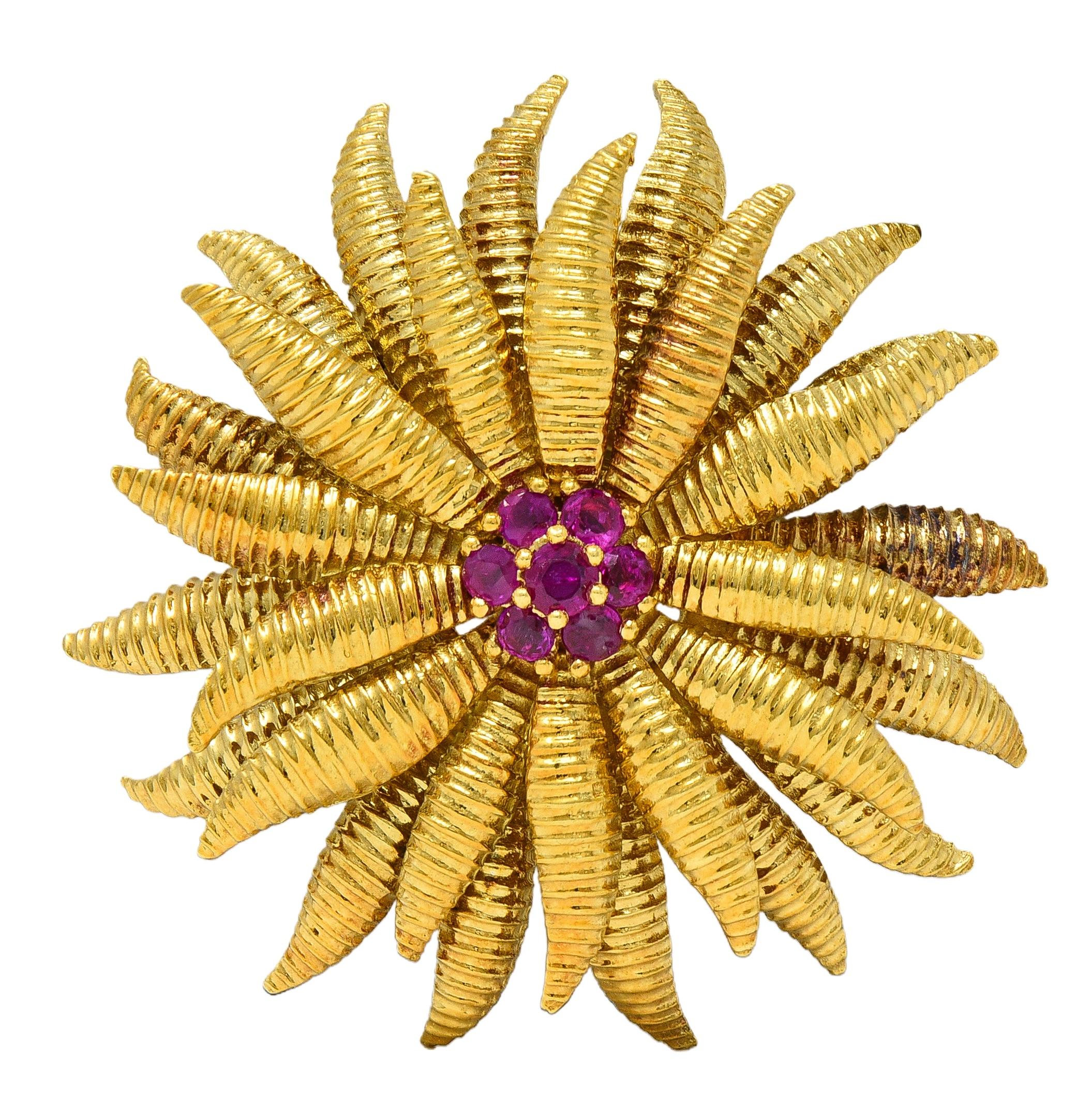 Tiffany & Co. 1960's Ruby 18 Karat Yellow Gold Vintage Flower Floral Brooch