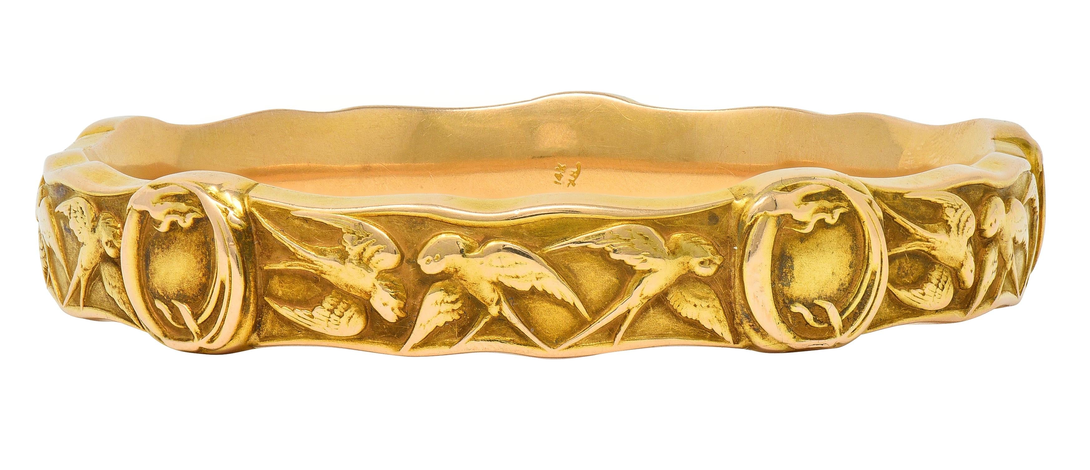 Riker Brothers Art Nouveau 14 Karat Yellow Gold Antique Swallow Bangle Bracelet