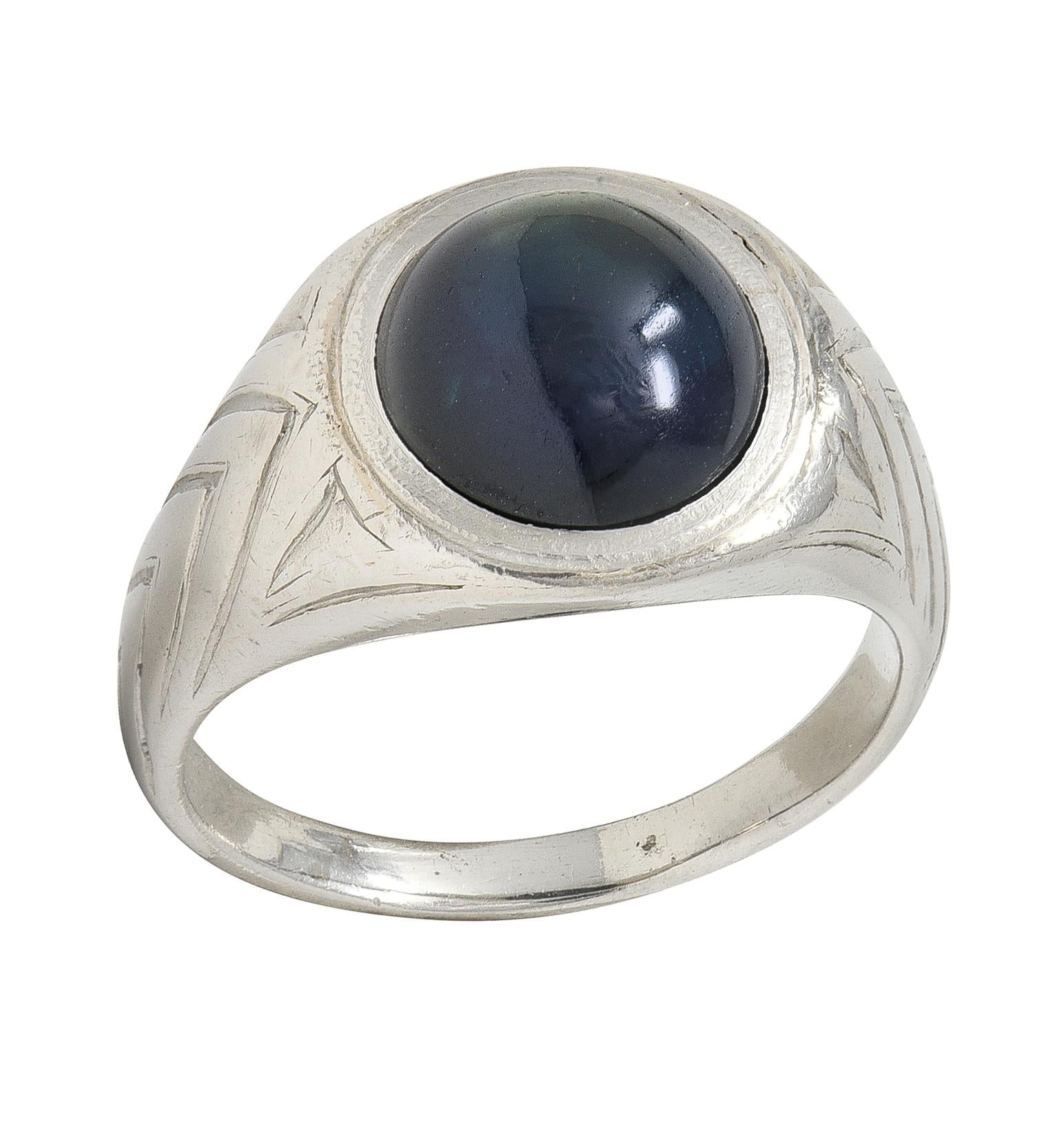 Art Deco 4.37 CTW Sapphire Cabochon Platinum Vintage Streamline Unisex Ring