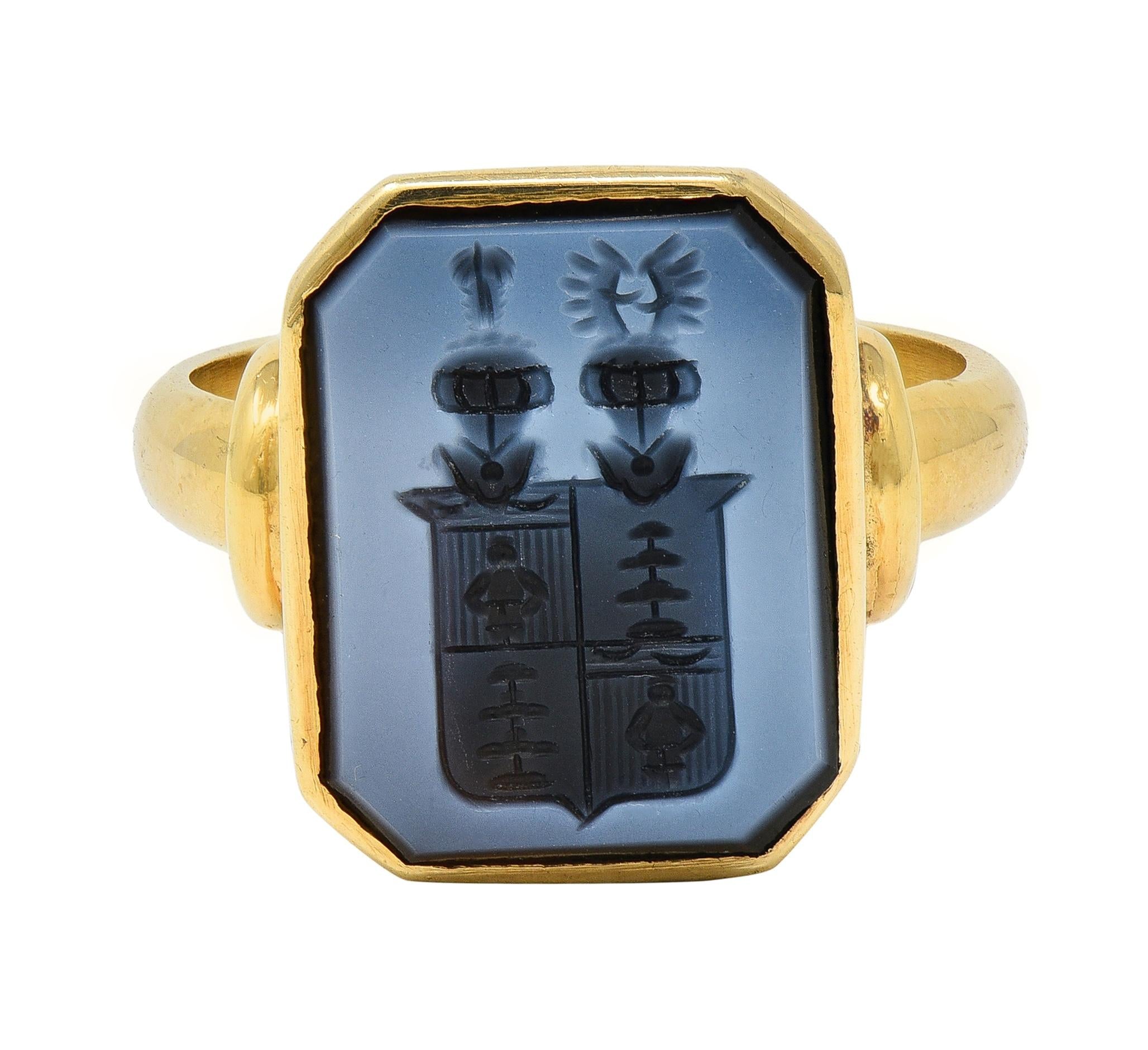 Victorian Blue Sardonyx 14K Yellow Gold Antique Heraldry Intaglio Signet Ring