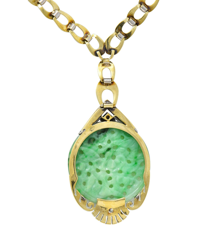 Art Deco Jade Diamond Platinum 14 Karat Gold Bird Drop Antique Necklace