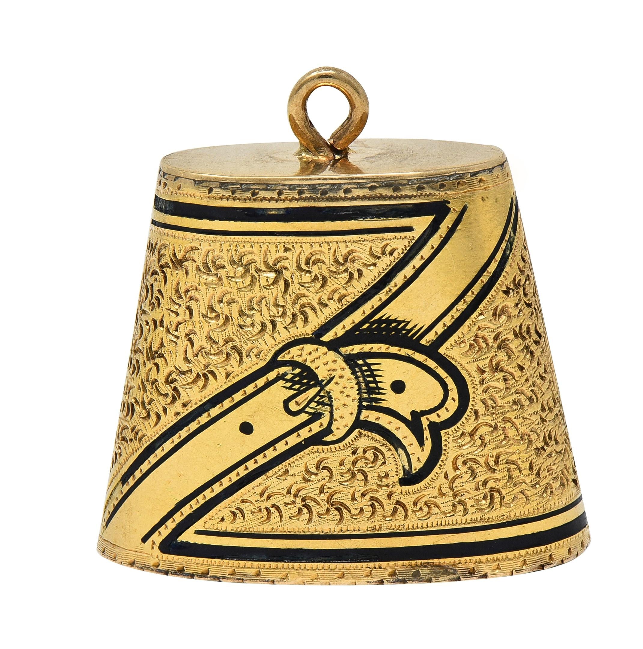 1959 Enamel 14 Karat Yellow Gold Engraved Belt Motif Vintage Cowbell Charm