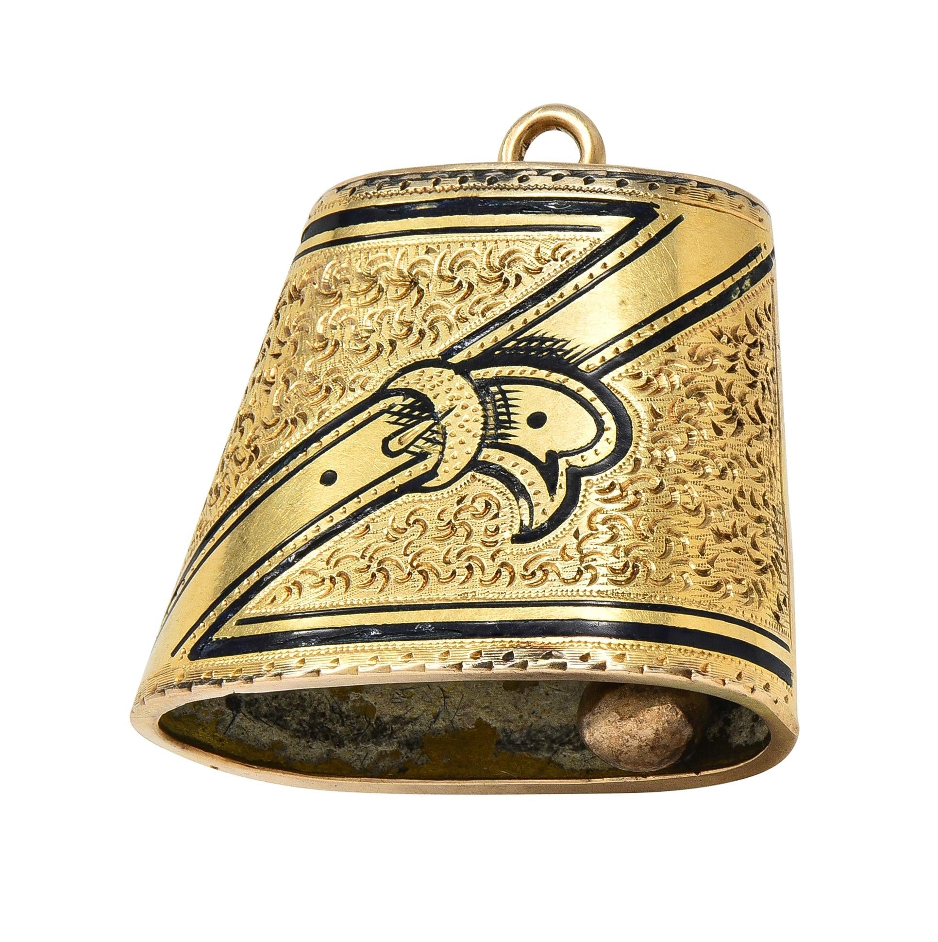 1959 Enamel 14 Karat Yellow Gold Engraved Belt Motif Vintage Cowbell Charm