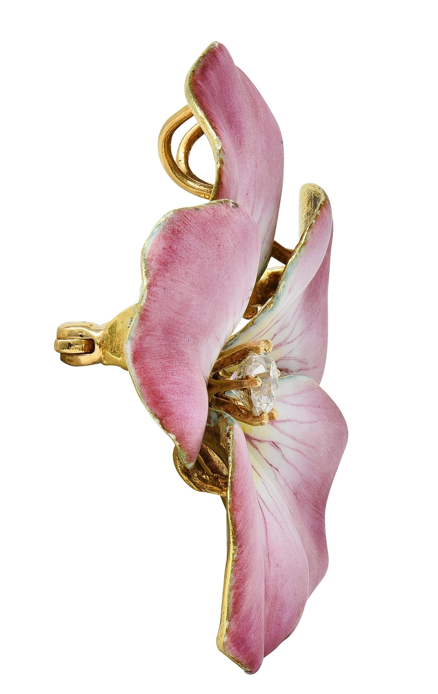 Art Nouveau Diamond Enamel 14 Karat Yellow Gold Antique Flower Pendant Brooch