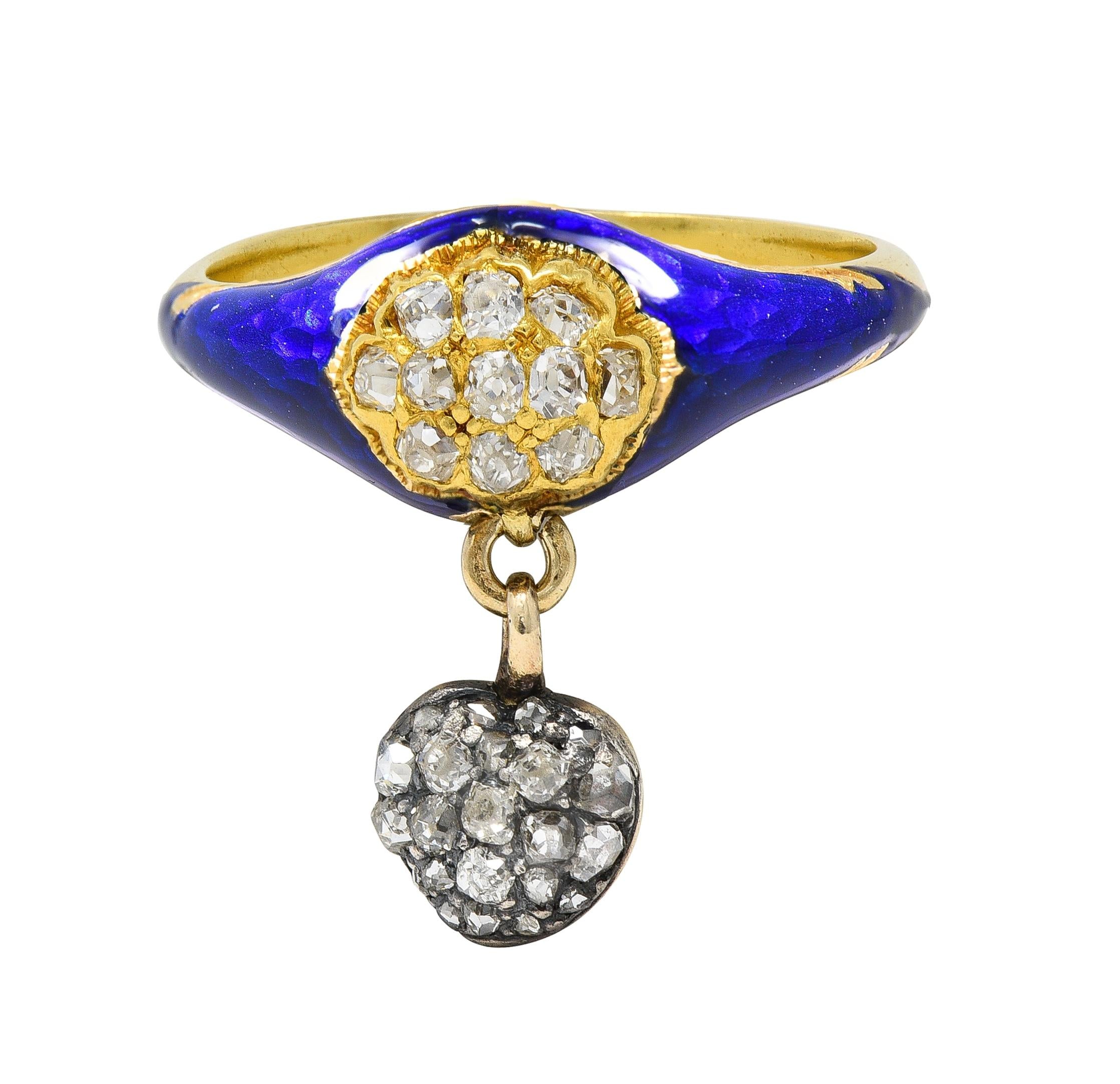 Victorian Diamond Blue Enamel 18K Yellow Gold Antique Heart Cluster Ring