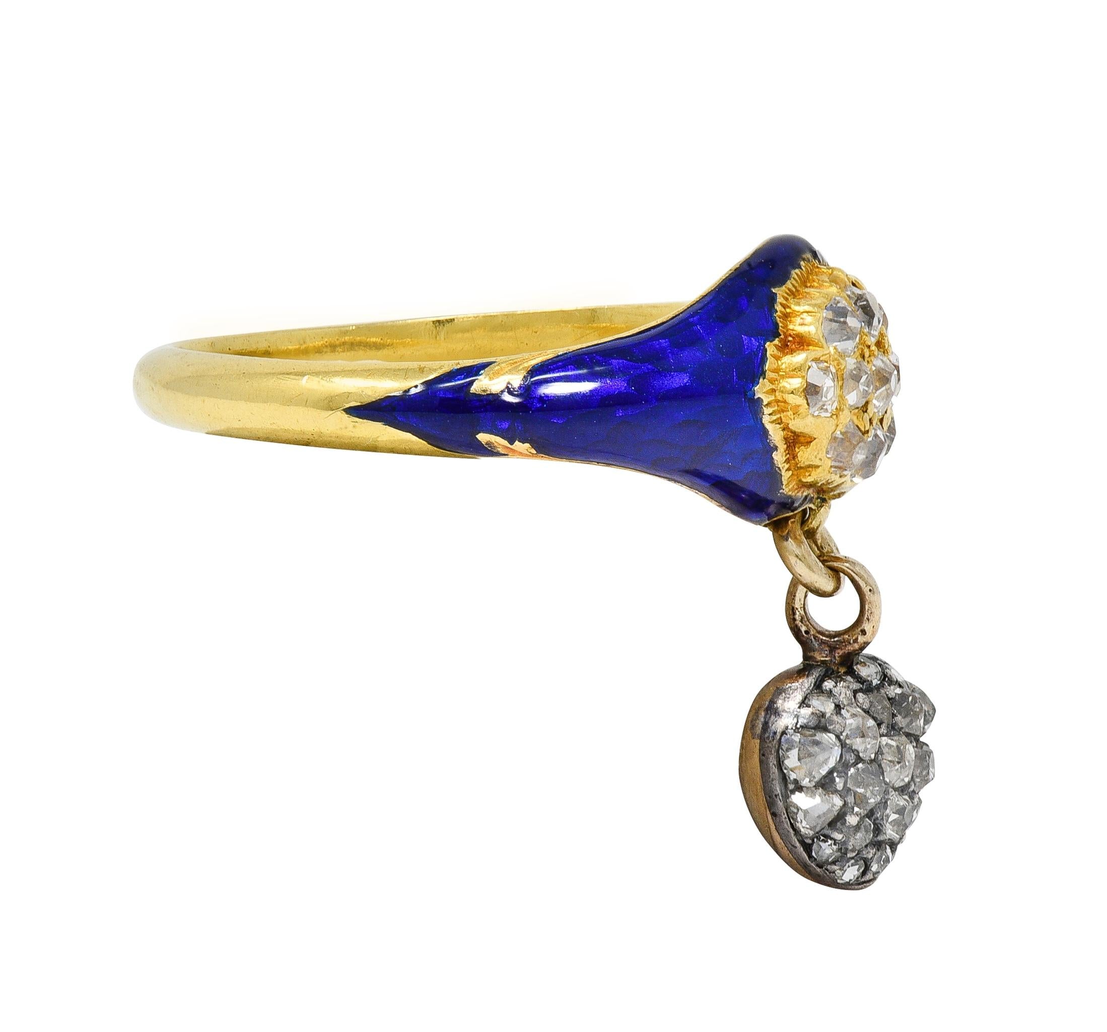 Victorian Diamond Blue Enamel 18K Yellow Gold Antique Heart Cluster Ring