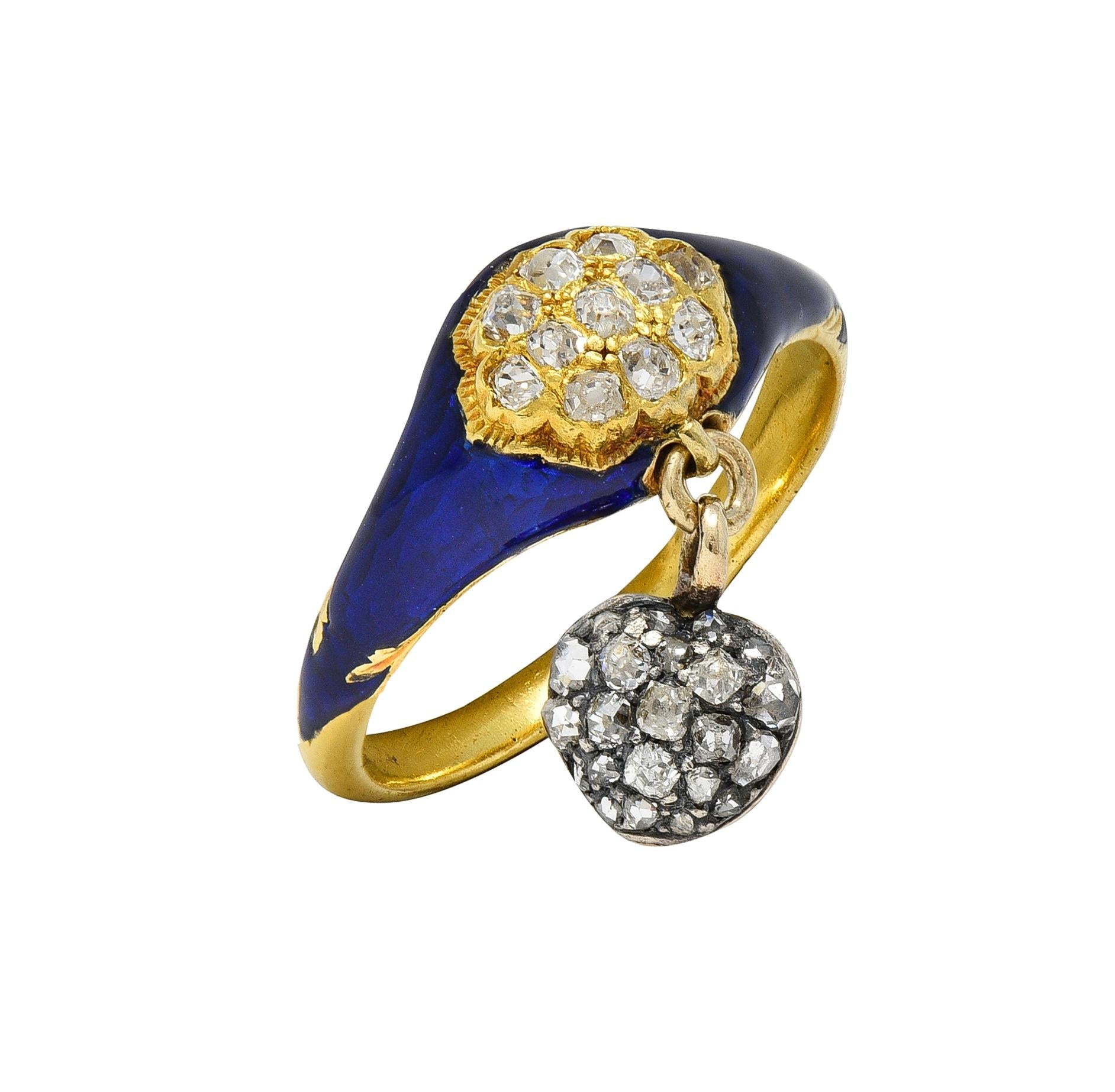 Victorian Diamond Blue Enamel 18K Yellow Gold Antique Heart Cluster Ring