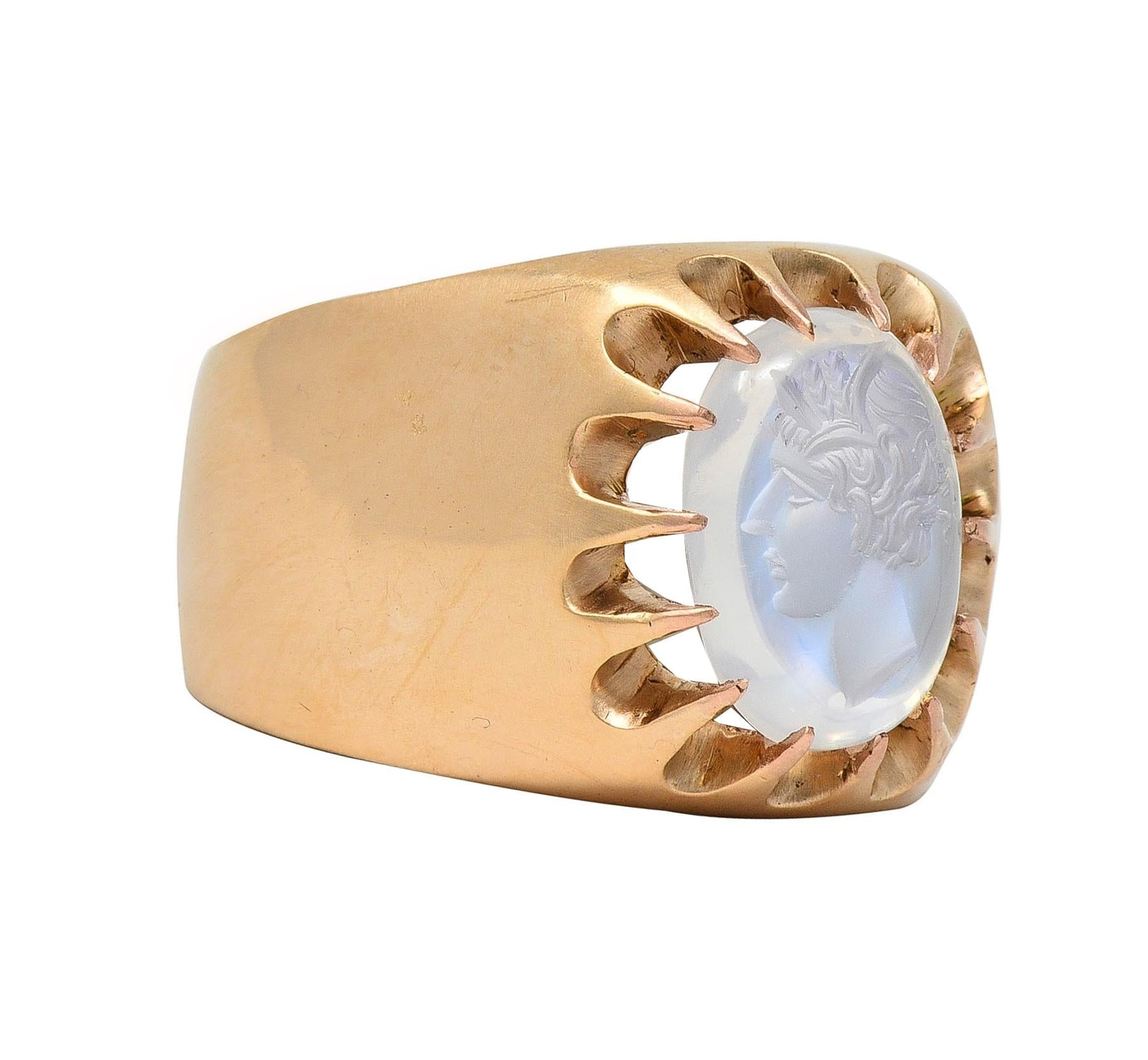Victorian Moonstone Intaglio 14 Karat Yellow Gold Antique Belcher Unisex Ring